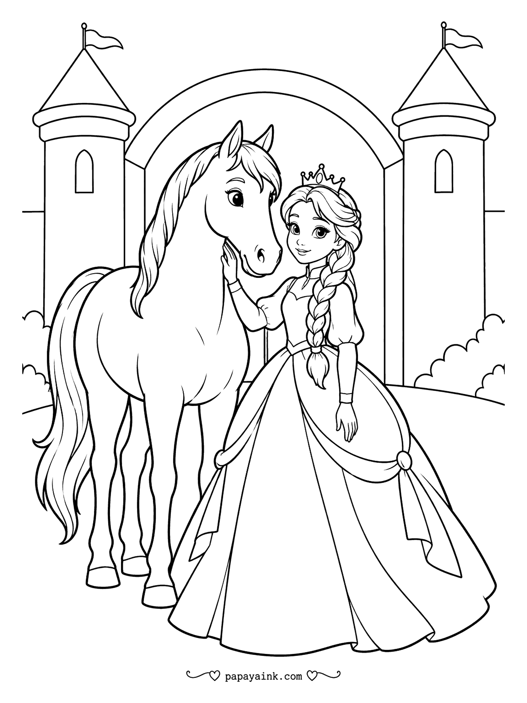 Free Printable Princess Coloring Pages - Braided princess, tall horse, and the palace gate behind them with flags on both towers. Her hand rests on its muzzle as if asking it to wait. Chestnut or dapple gray, the horse fills half the sheet, so pick a coat you like.