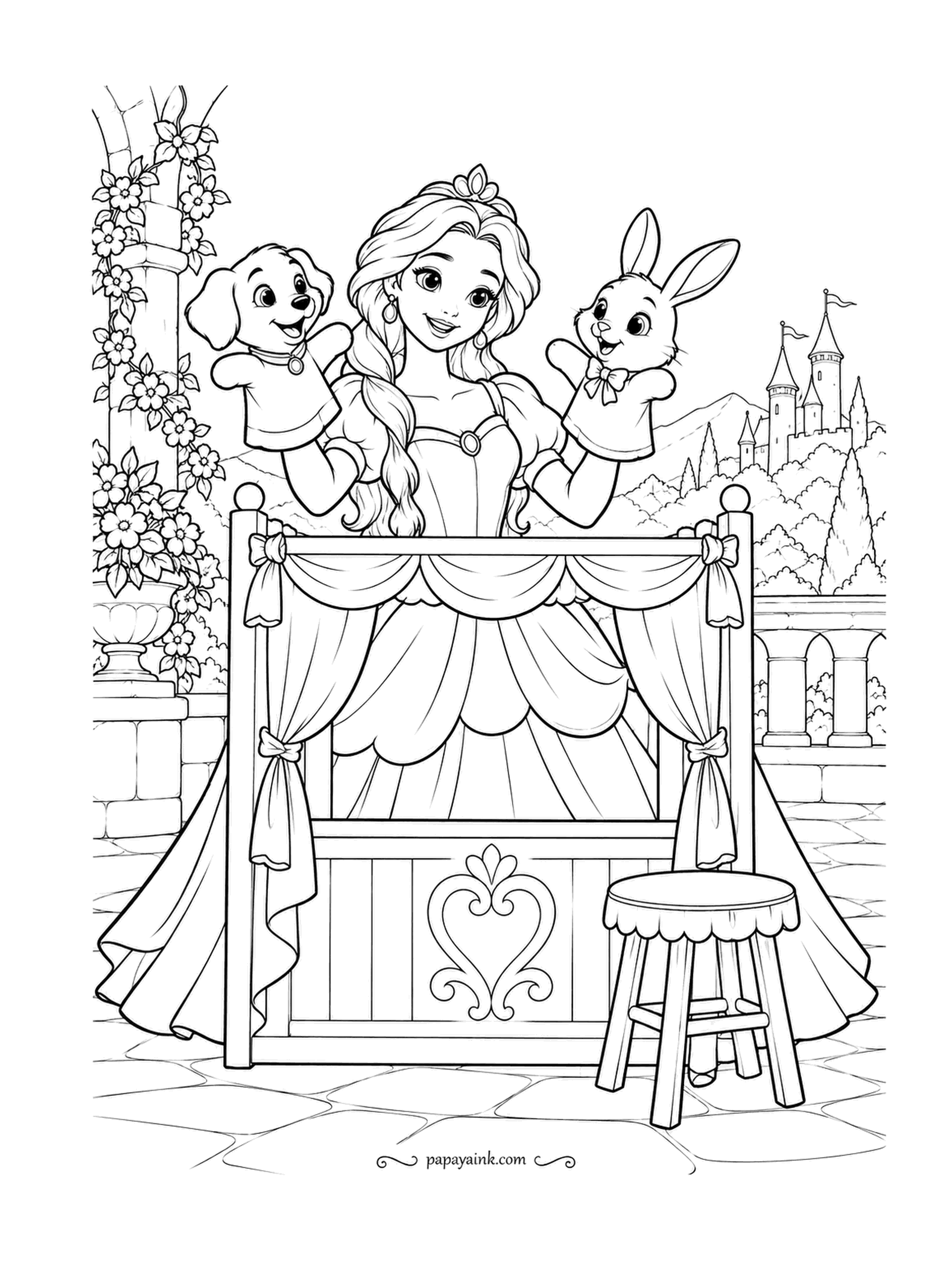 Free Printable Princess Coloring Pages - Two hand puppets, one performer, no audience - this is the rehearsal. A puppy and a rabbit pop up over the little curtained stage, the palace on the hill behind them. Give each puppet its own bright color so they read as two characters.