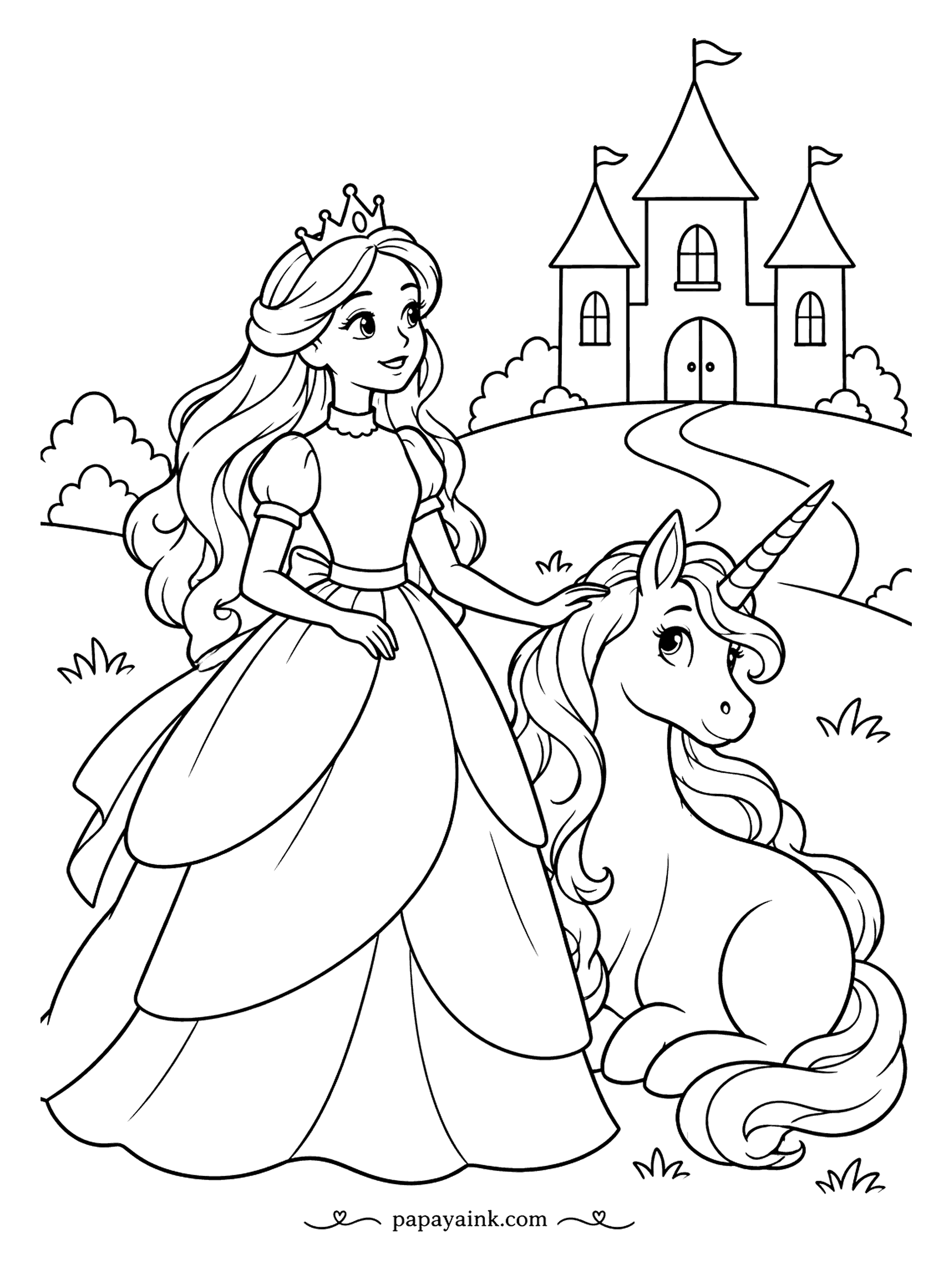 Free Printable Princess Coloring Pages - A winding road leads to a three-towered castle while a princess stops to pet the unicorn resting beside it. Its mane spills over the grass in long ringlets. Color the road sandy and the hills two greens so the path reads from far away.