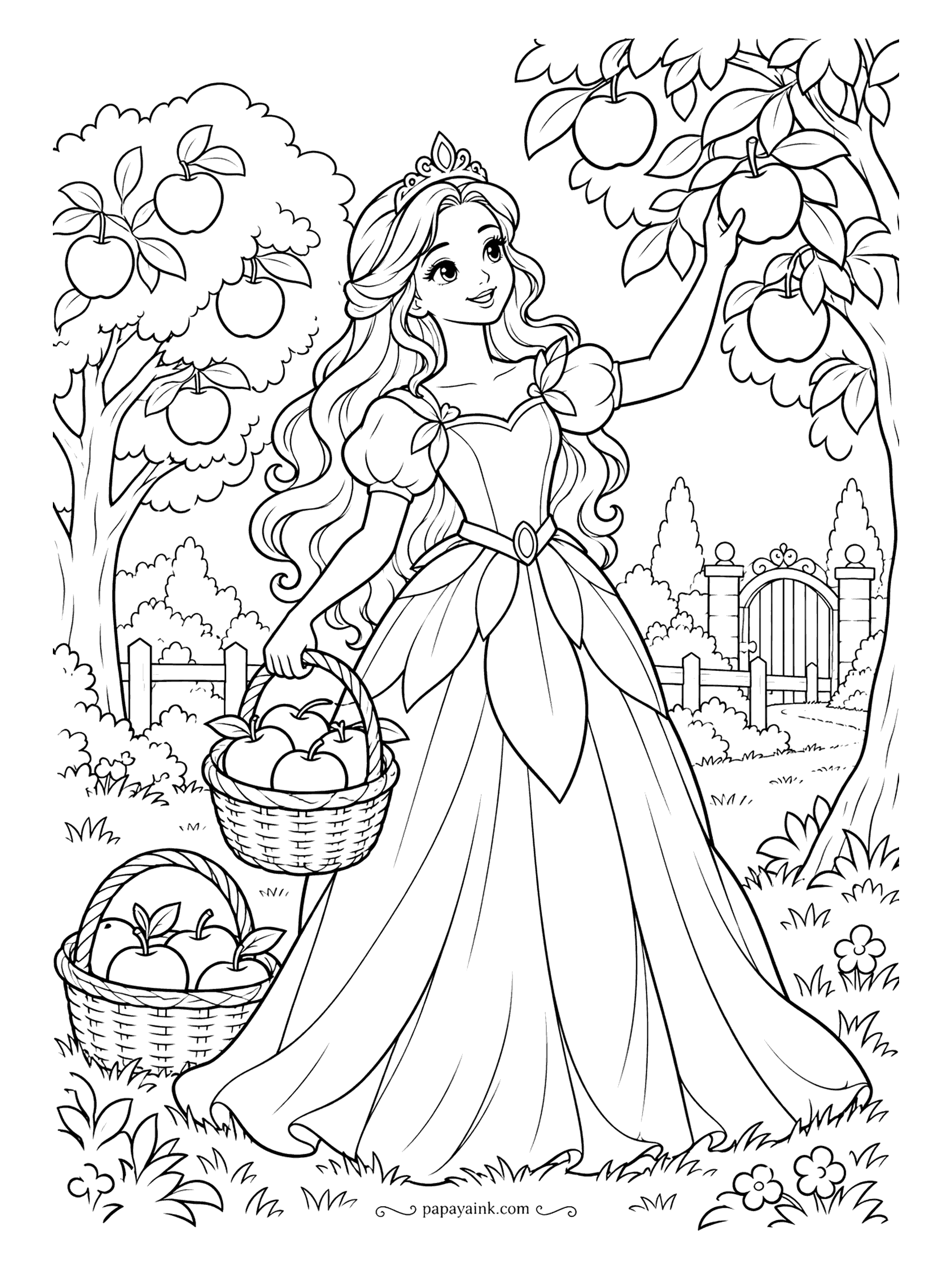 Free Printable Princess Coloring Pages - Reaching for the apple at the top of the branch, one full basket on her arm and another waiting in the grass. The bodice is cut like leaves and the orchard gate stands open. Red and green apples on one tree are allowed.