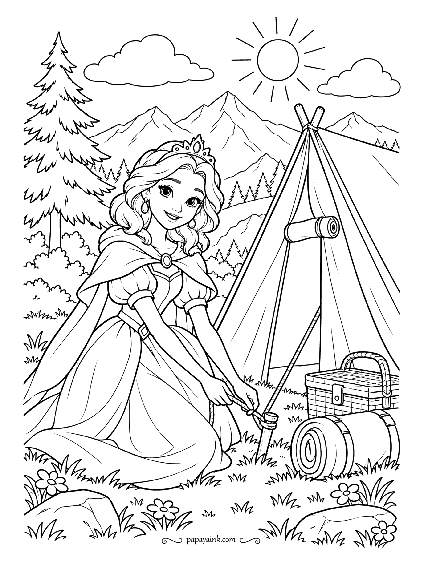 Free Printable Princess Coloring Pages - A tent peg goes in while a bedroll and a picnic basket wait their turn, with pines and peaks under a bright sun. The cape is more practical than it looks. Browns for the canvas, green for the pines, and a yellow sun.