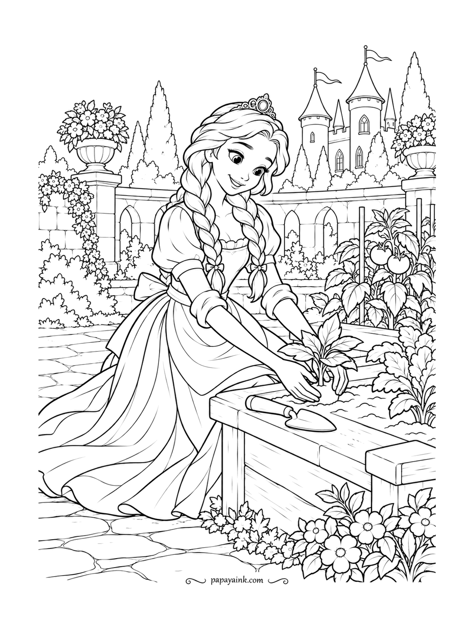 Free Printable Princess Coloring Pages - Gardening in braids. She presses a seedling into a raised bed with a trowel beside her, while tomato plants climb their stakes at the edge of the courtyard. Detailed - flagstone paths, flower pots and a roofline of turrets behind the wall.
