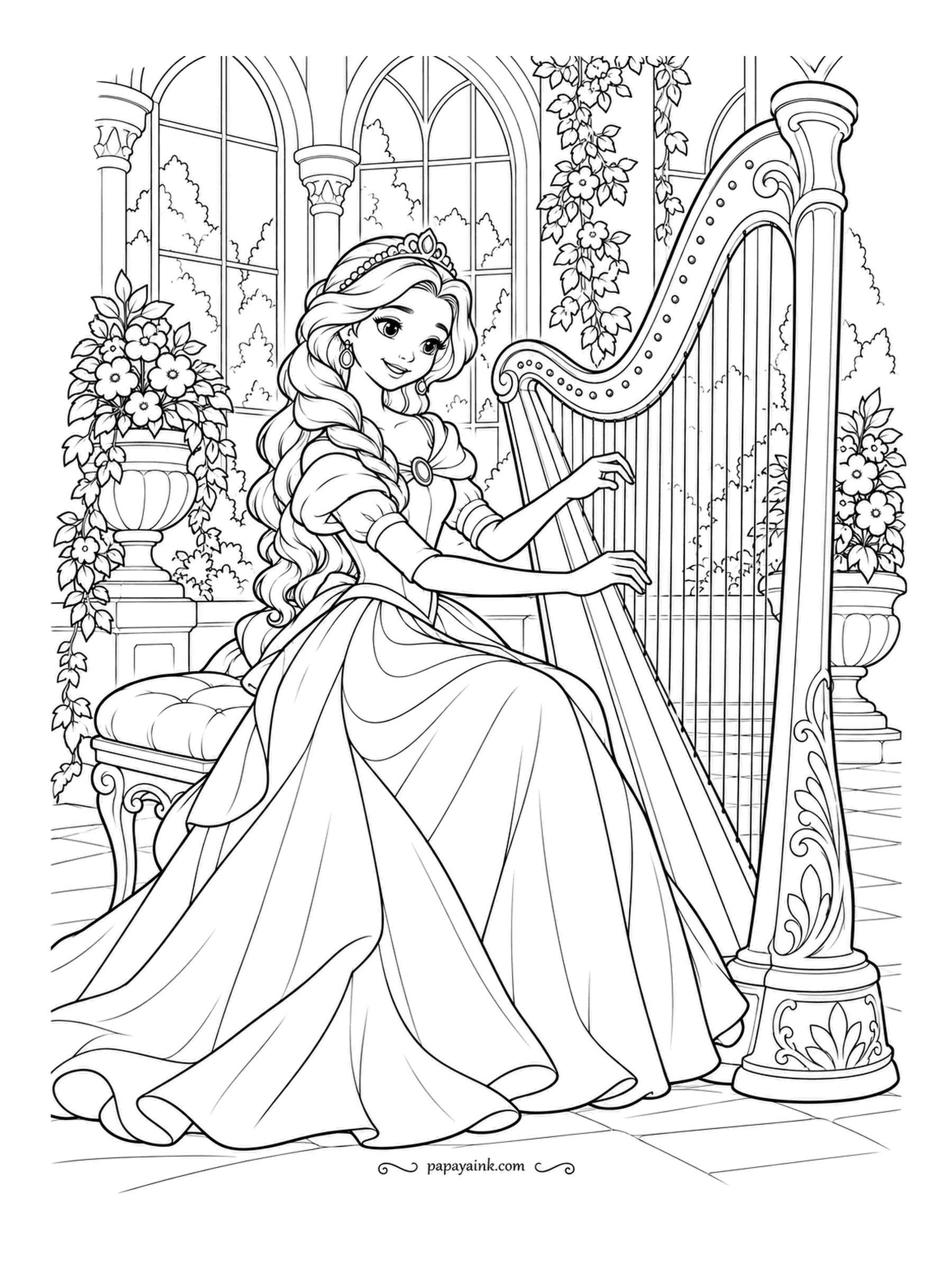 Free Printable Princess Coloring Pages - A harp taller than the player, strings and all. She sits in a glass conservatory with flowers climbing the pillars and plays with both hands. The strings are fine lines - sharp pencils only, or color the frame gold and leave them white.