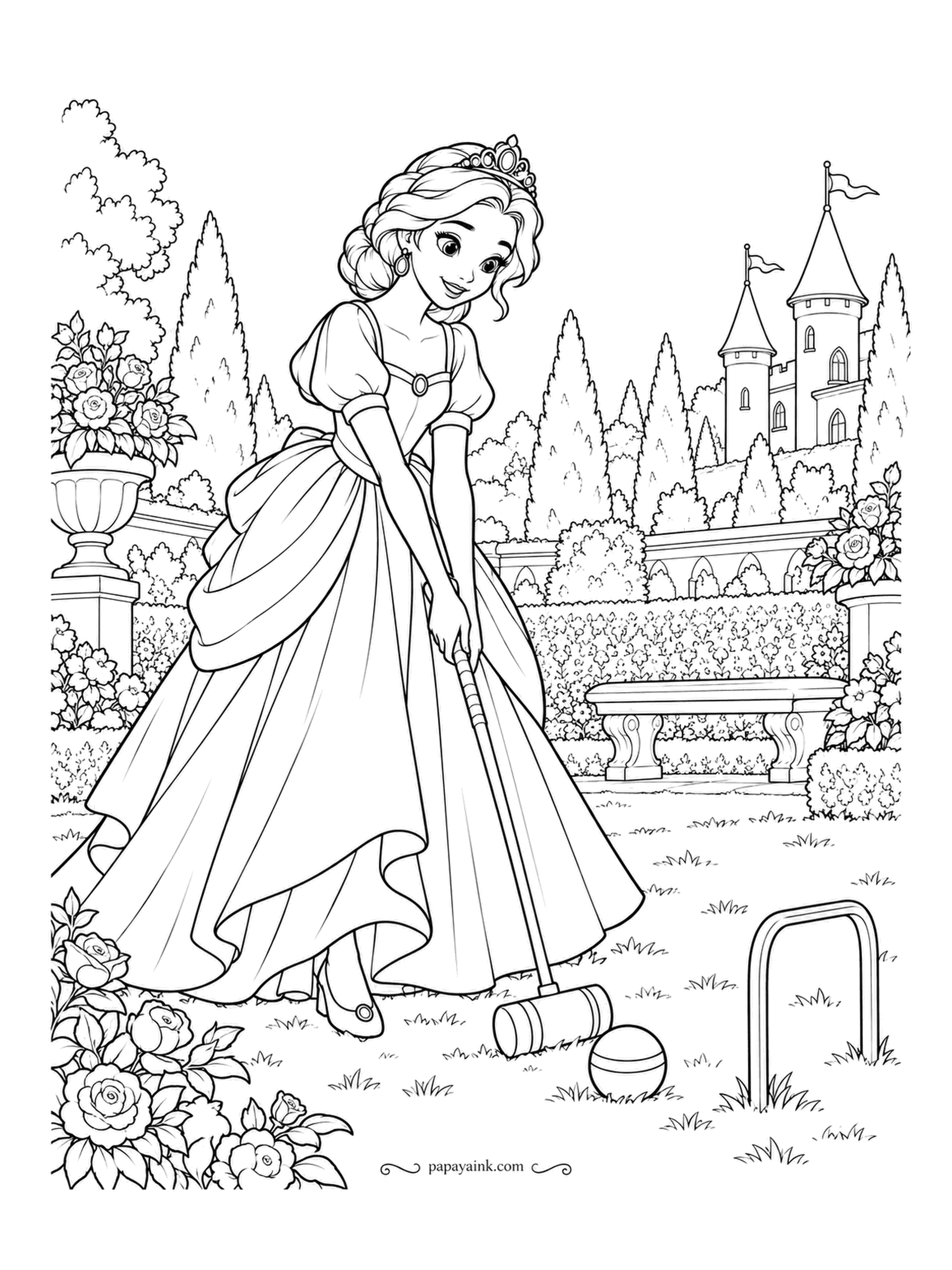 Free Printable Princess Coloring Pages - A mallet, a striped ball and a wicket three strides away. She lines up her shot on the palace lawn between rose urns and clipped cypresses. Striped balls and a wide green lawn are the easy wins here.