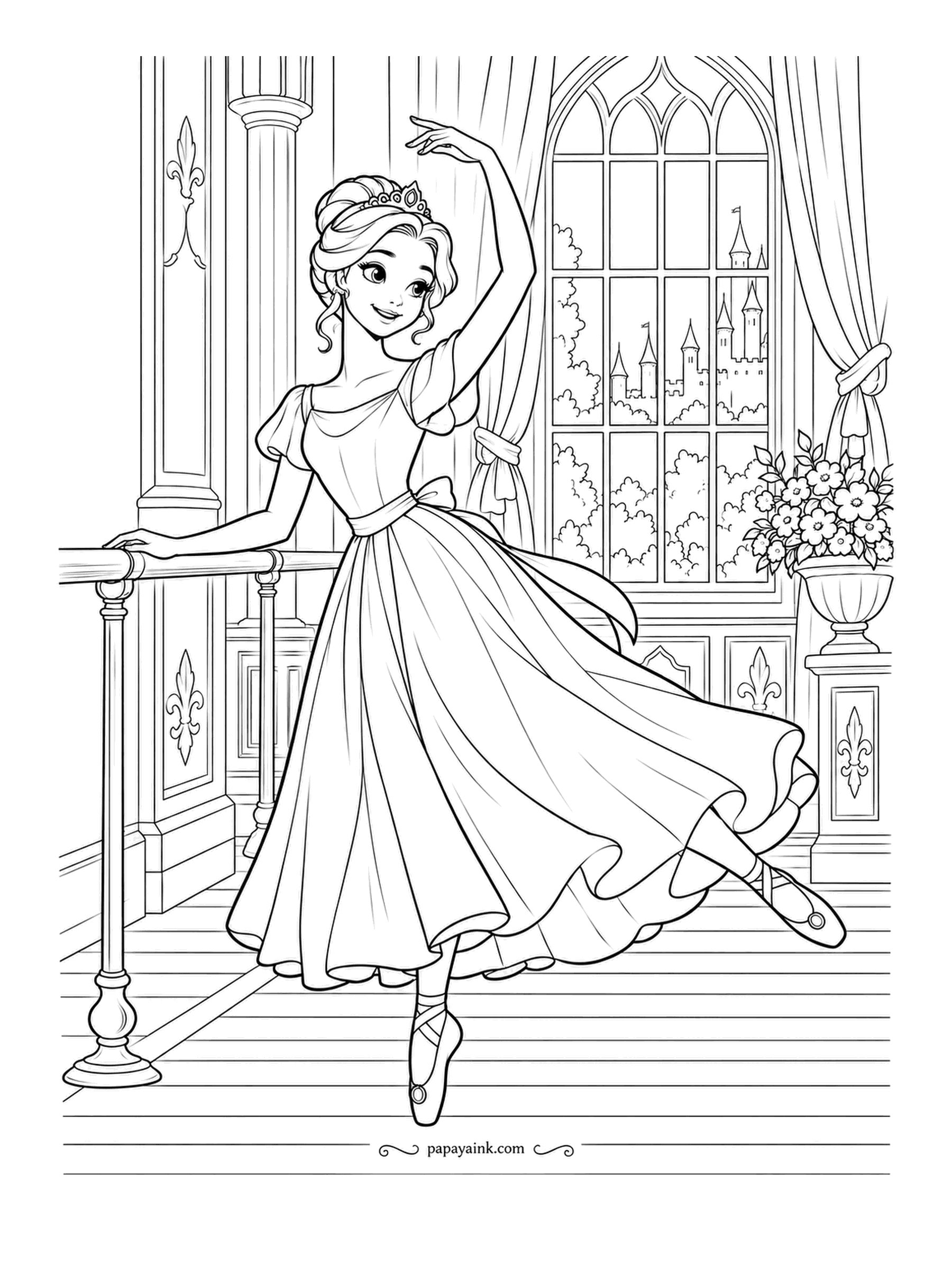 Free Printable Princess Coloring Pages - Up on pointe at the barre, one arm raised, with the whole ballroom to herself. She practices in a soft skirt and ribboned shoes in front of tall arched windows. Sunlight through the glass is worth a pale yellow wash across the floor.