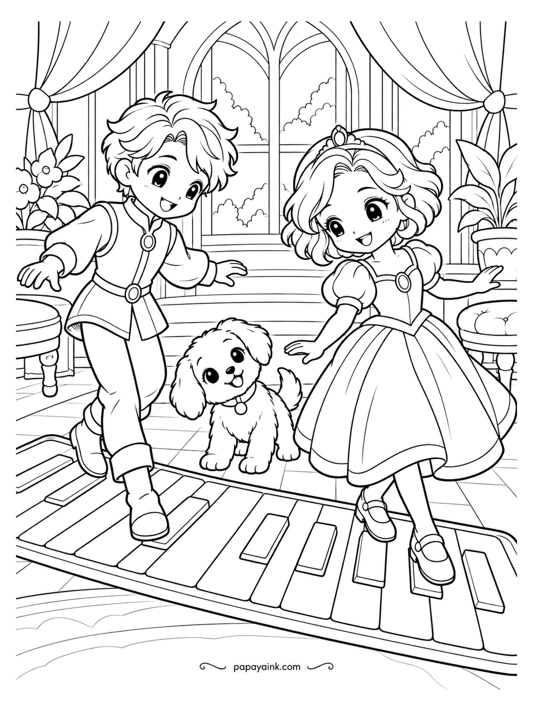 Kawaii Princess Coloring Pages - The piano is on the floor and the keys are the size of doormats. The prince and princess hop out a tune, note by note, and the puppy stands on the middle keys, out of everyone's way. White keys stay white; everything else is yours.