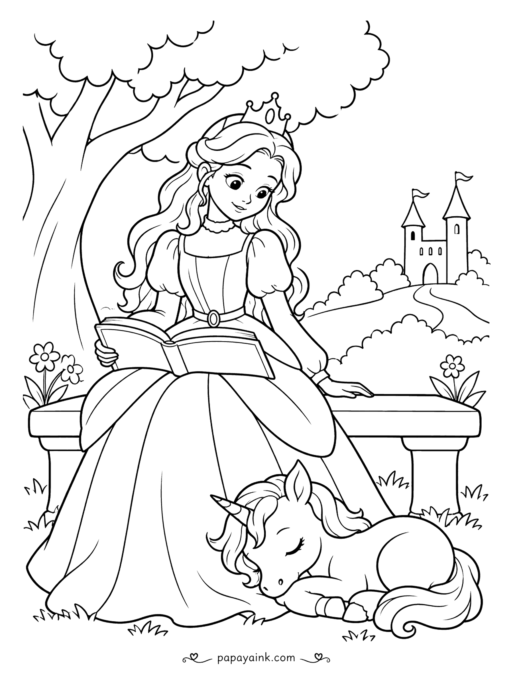 Free Printable Princess Coloring Pages - On a stone bench beneath a shady tree, a princess reads while a baby unicorn naps at her feet. Castle turrets peek over the distant hill. Detailed. Soft lavender on the foal keeps it dreamy; its horn stays white.