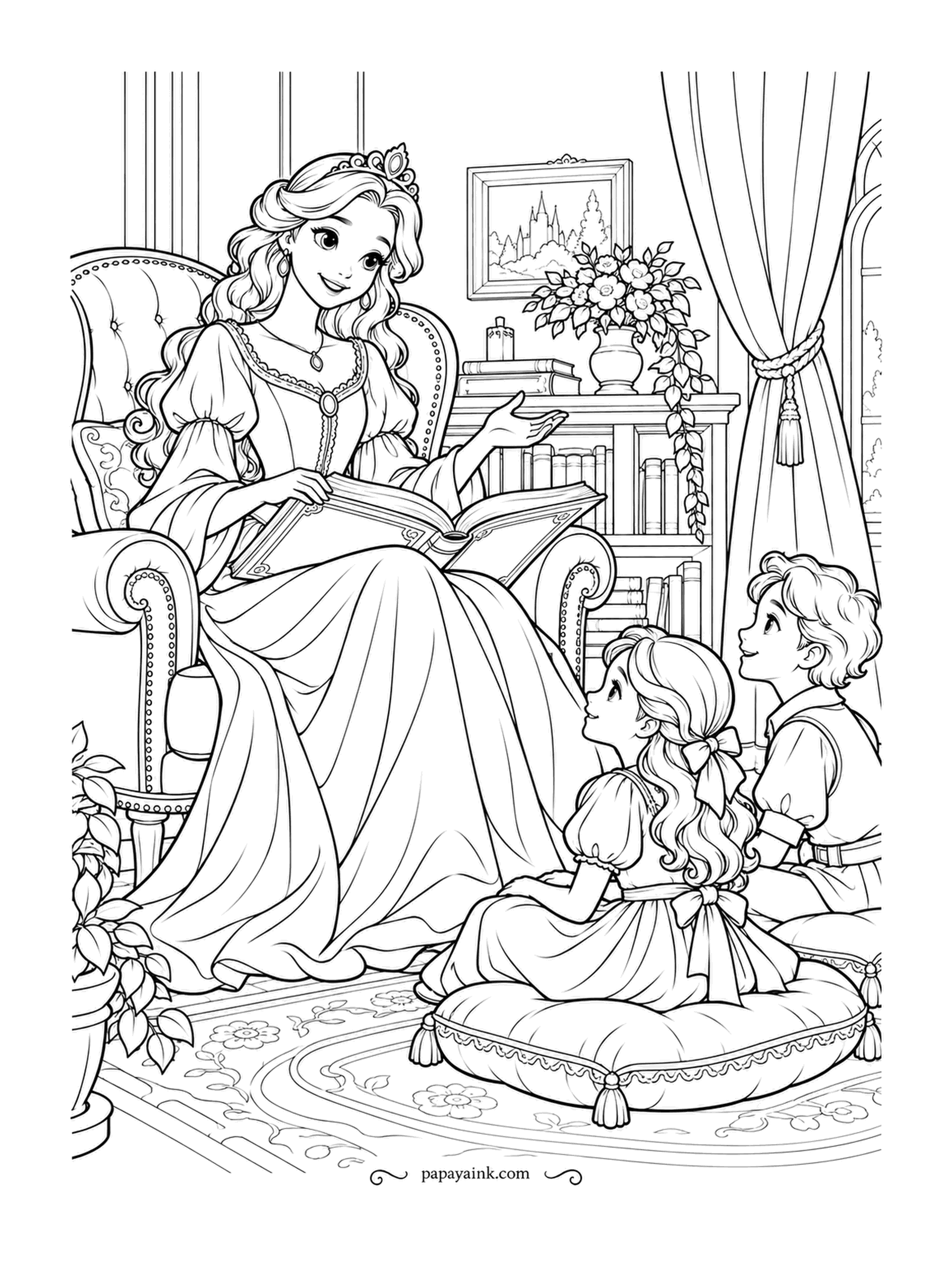 Free Printable Princess Coloring Pages - Story hour in the library armchair. The princess reads aloud with the book open on her lap while a girl and a boy sit on a tasseled floor cushion and wait for the next page. Detailed - bookshelves, a patterned rug and a framed painting.