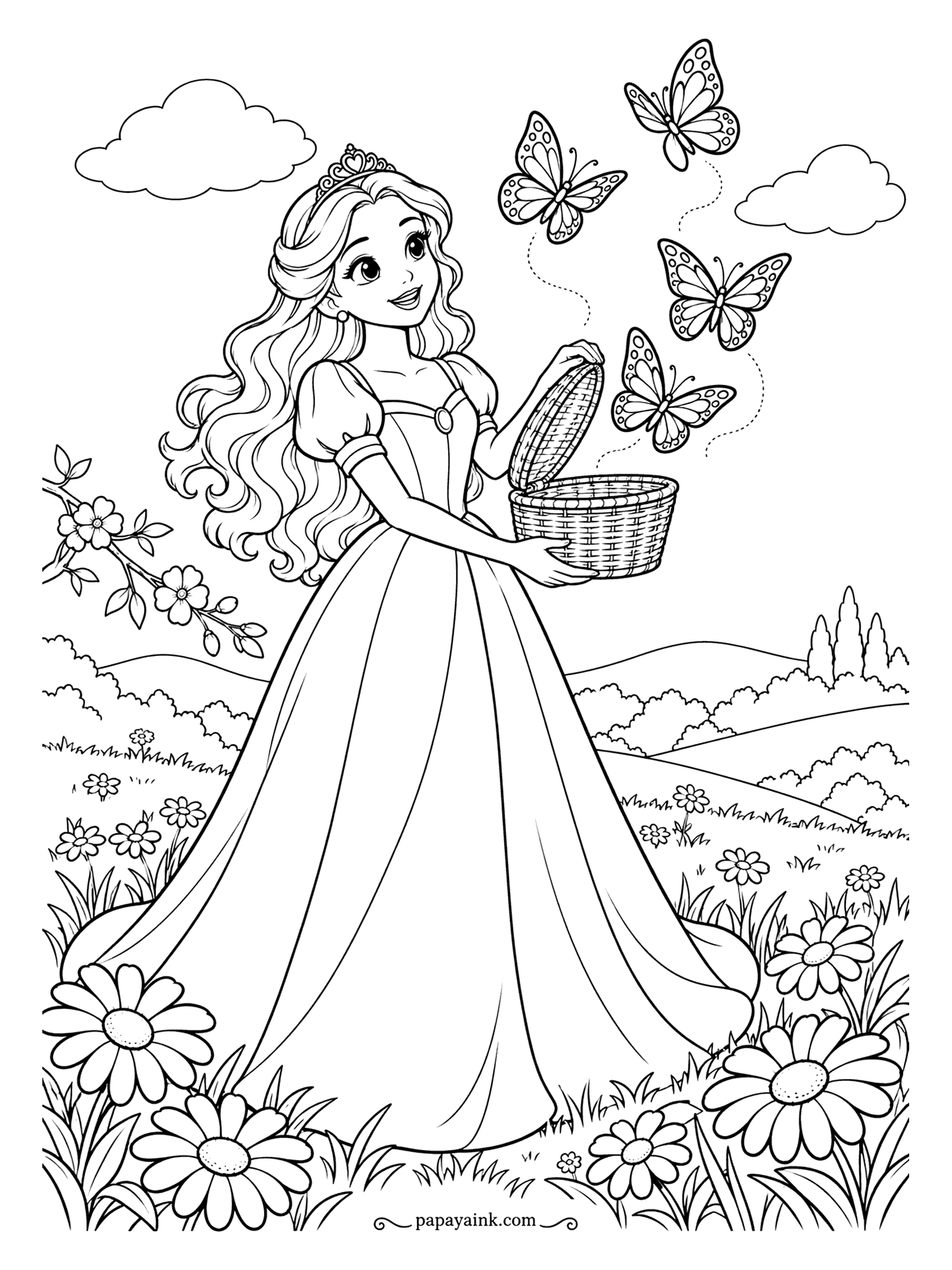 Free Printable Princess Coloring Pages - The lid comes off the basket and five butterflies take their chance. Daisies crowd the meadow and the hills roll away to a single cypress. Give each butterfly its own two shades and leave the clouds alone.
