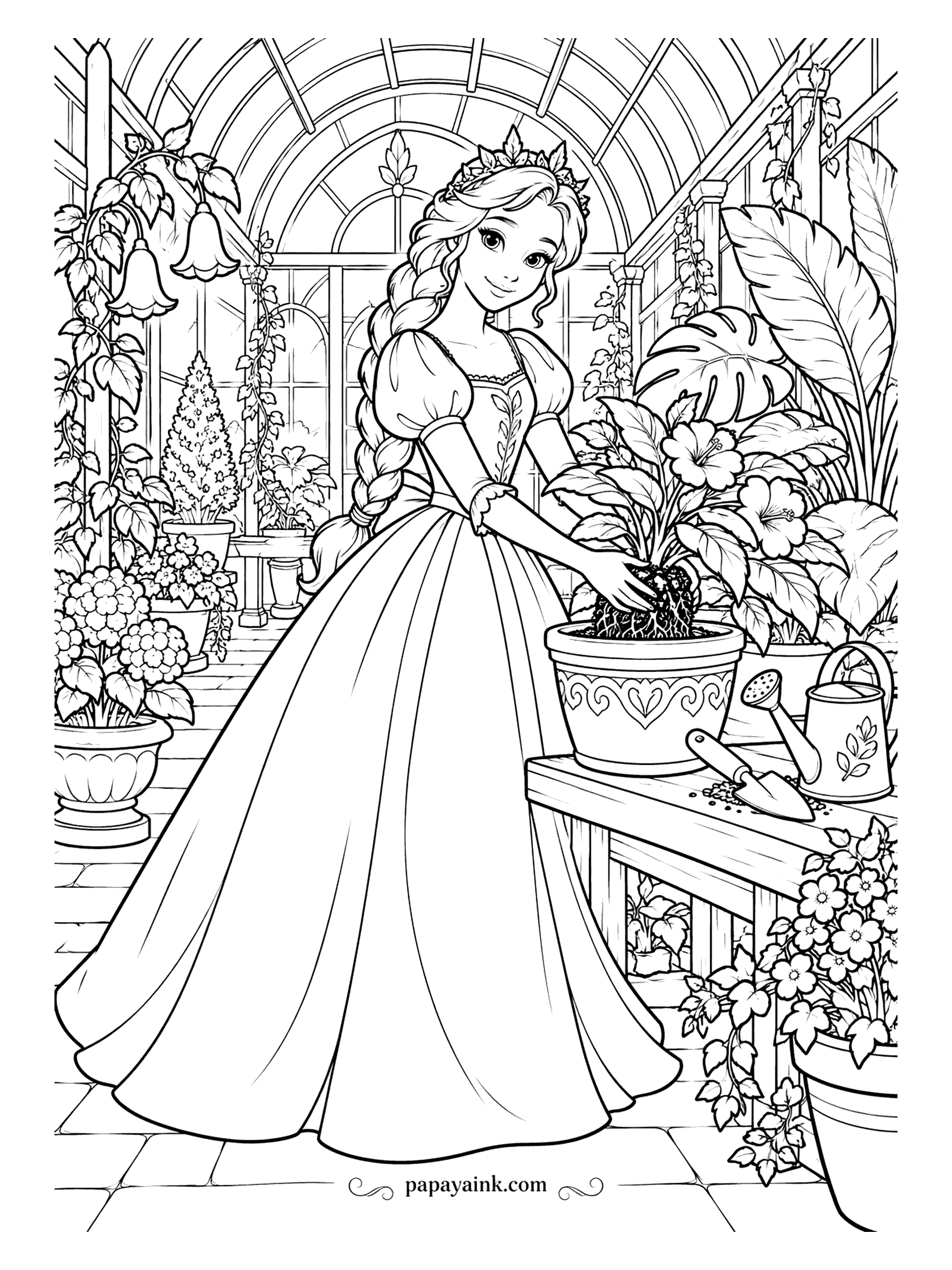 Free Printable Princess Coloring Pages - Hands in the soil up to the gloves she forgot to wear, with a watering can and a trowel ready on the bench. The glass roof lets in a whole garden of leaves. Every leaf gets its own green.