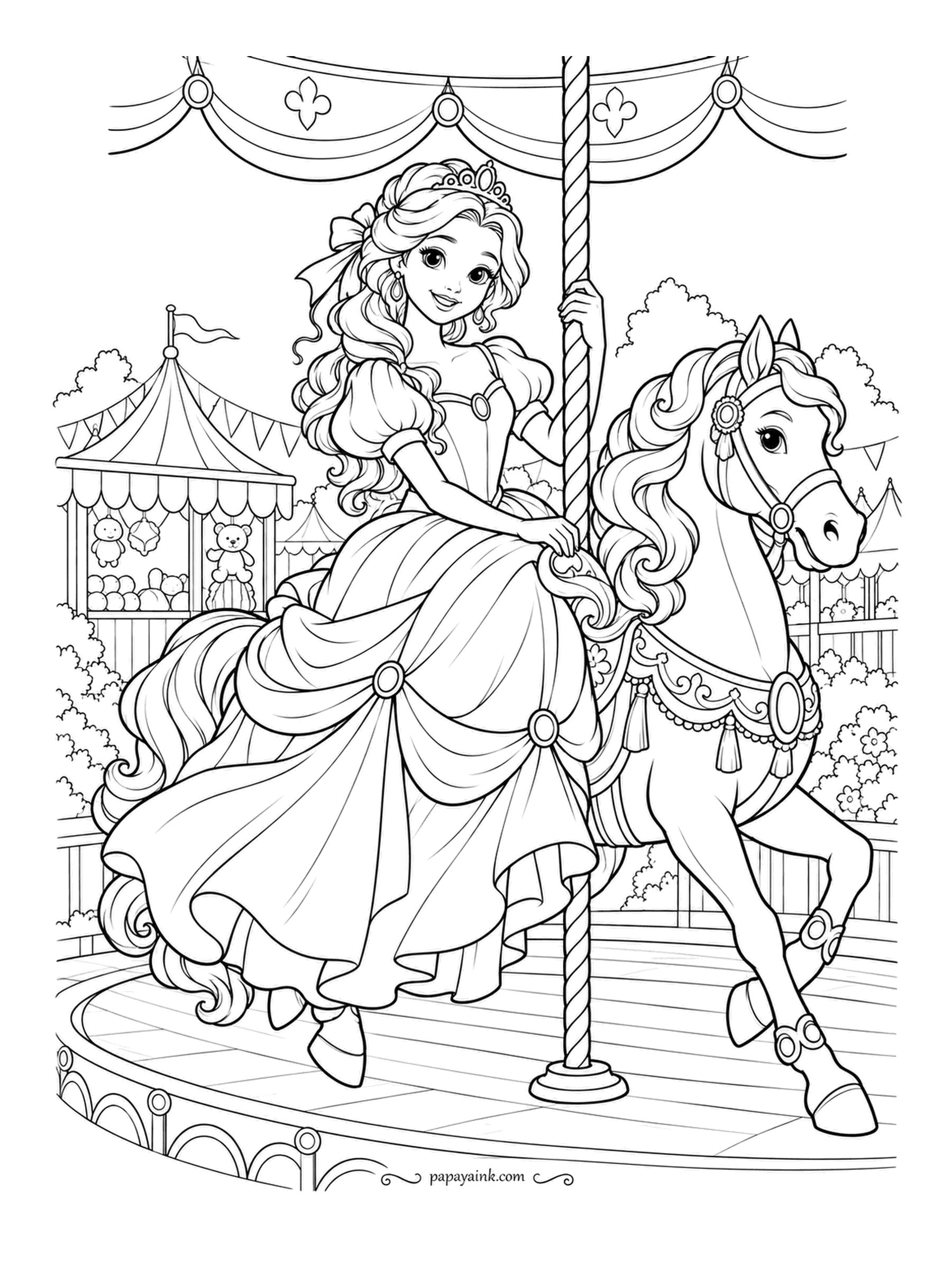 Free Printable Princess Coloring Pages - Round and round past the prize booth. She holds the pole of her carousel horse, who has a tasseled saddle and a better hairdo than most real horses. The striped tent and bunting in the background take bright colors well.