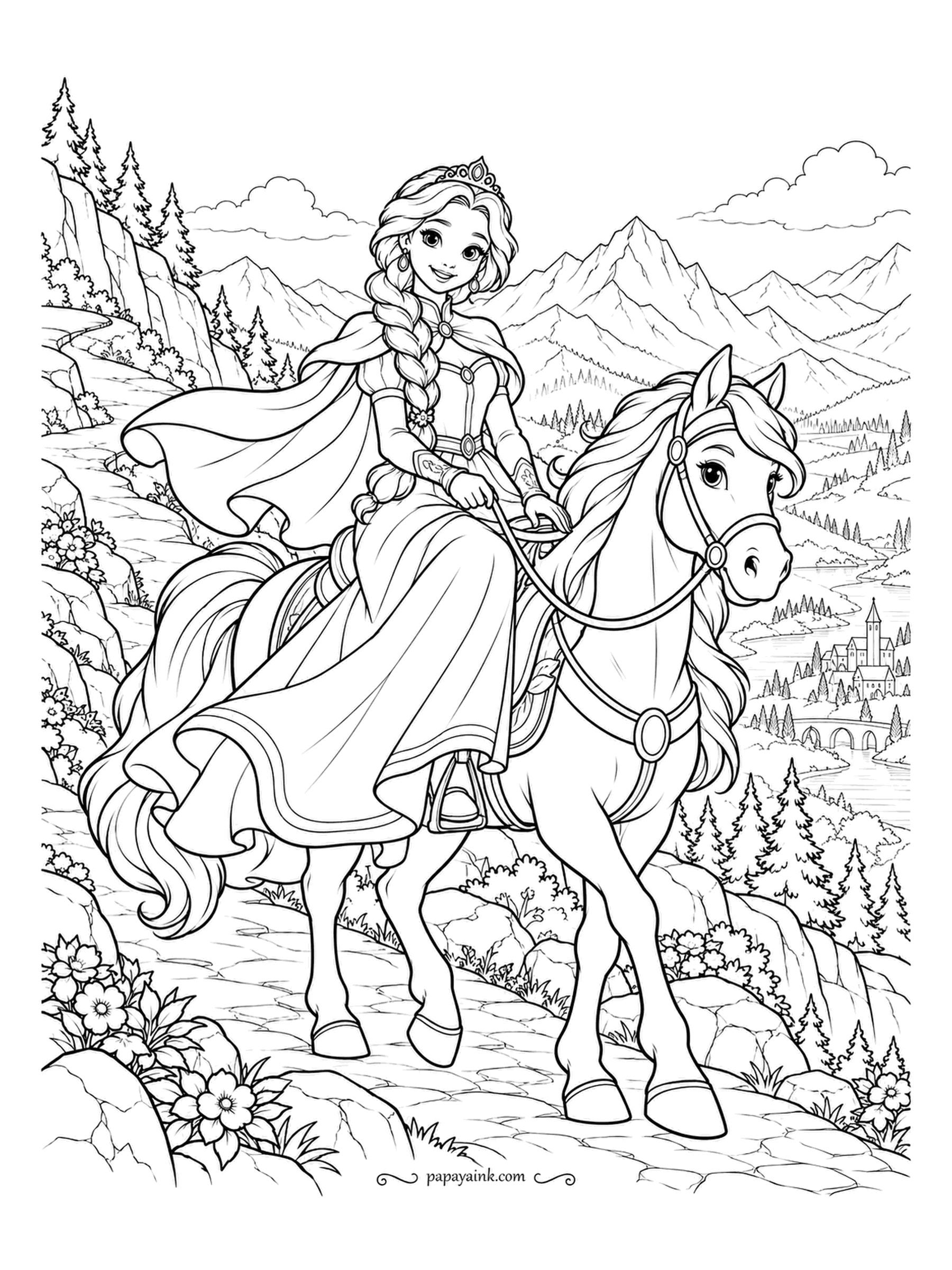 Free Printable Princess Coloring Pages - Cape flying, braid flying, horse unbothered. She rides a mountain path above a valley with a river, a bridge and a small town far below. Detailed - pine forests, snowy peaks and rocks edged with wildflowers.