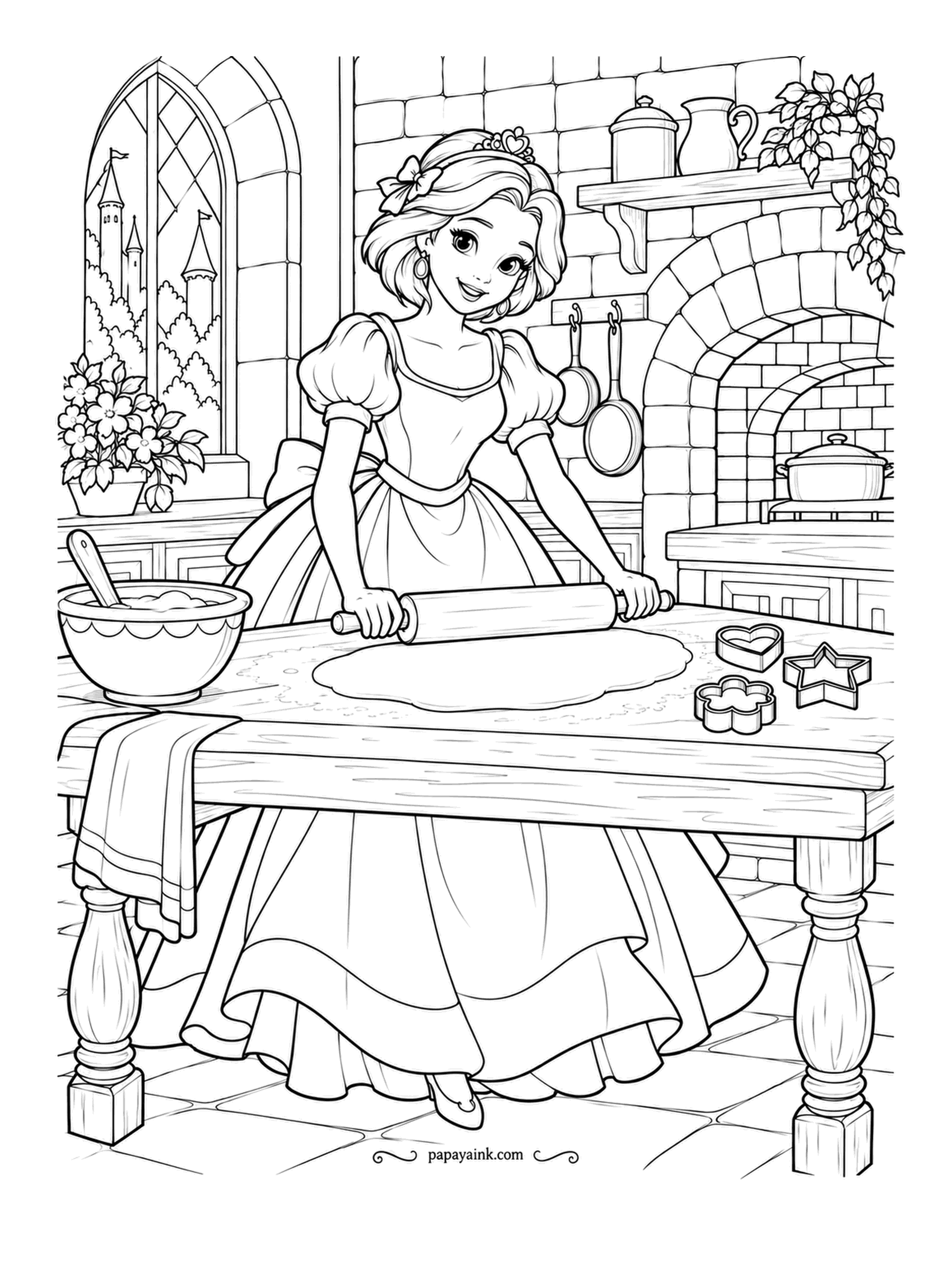 Free Printable Princess Coloring Pages - Royal kitchen, rolling pin, cookie cutters shaped like a heart, a star and a flower. She has the dough flat and a bowl of batter waiting at her elbow. Warm sandy tones for the walls and copper for the hanging pans.