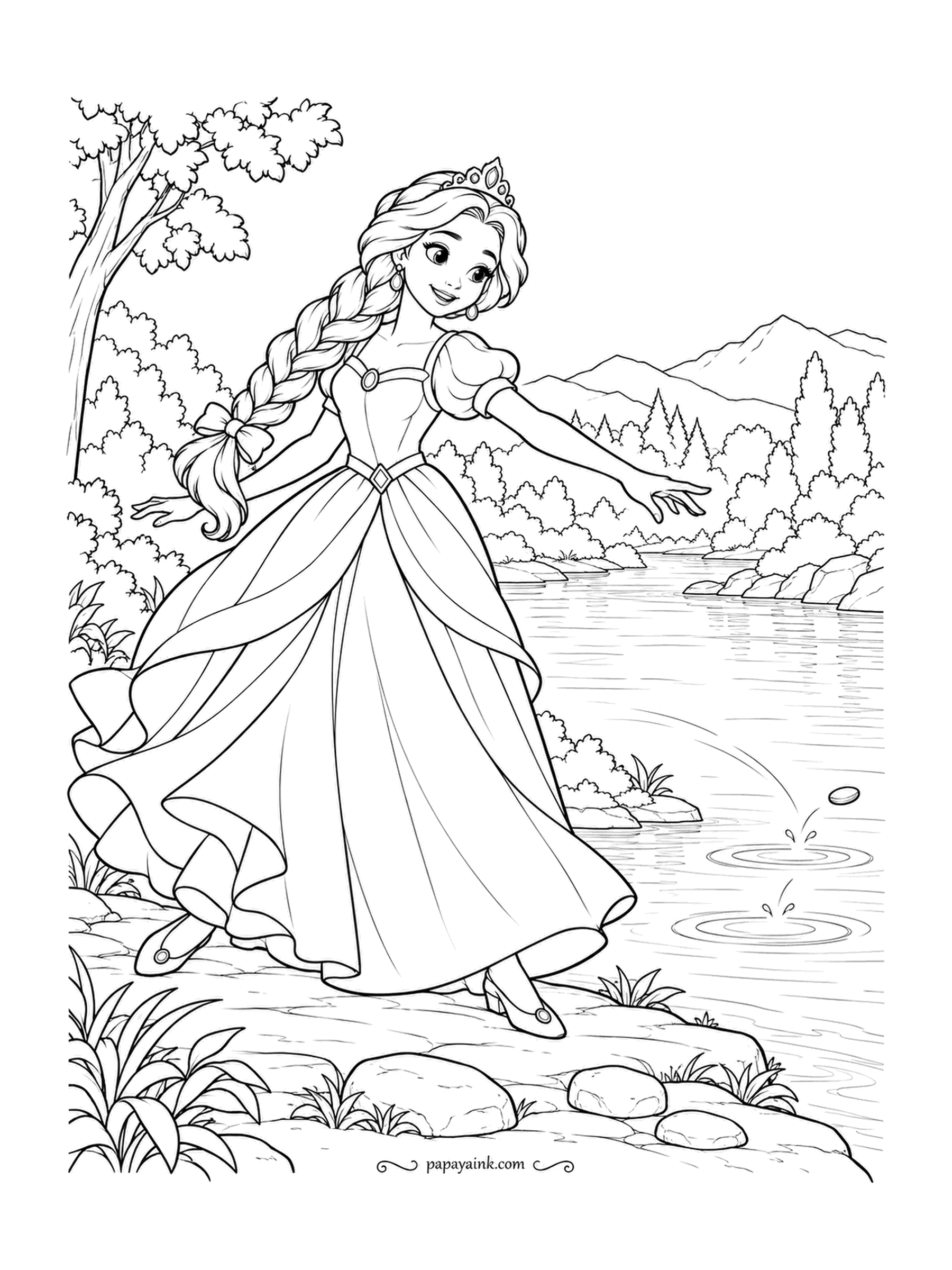 Free Printable Princess Coloring Pages - Arm out, pebble gone, ripples spreading. The princess has just skipped a stone across the lake and is counting the hops, braid swinging over one shoulder. Keep the water pale so the rings stay visible.