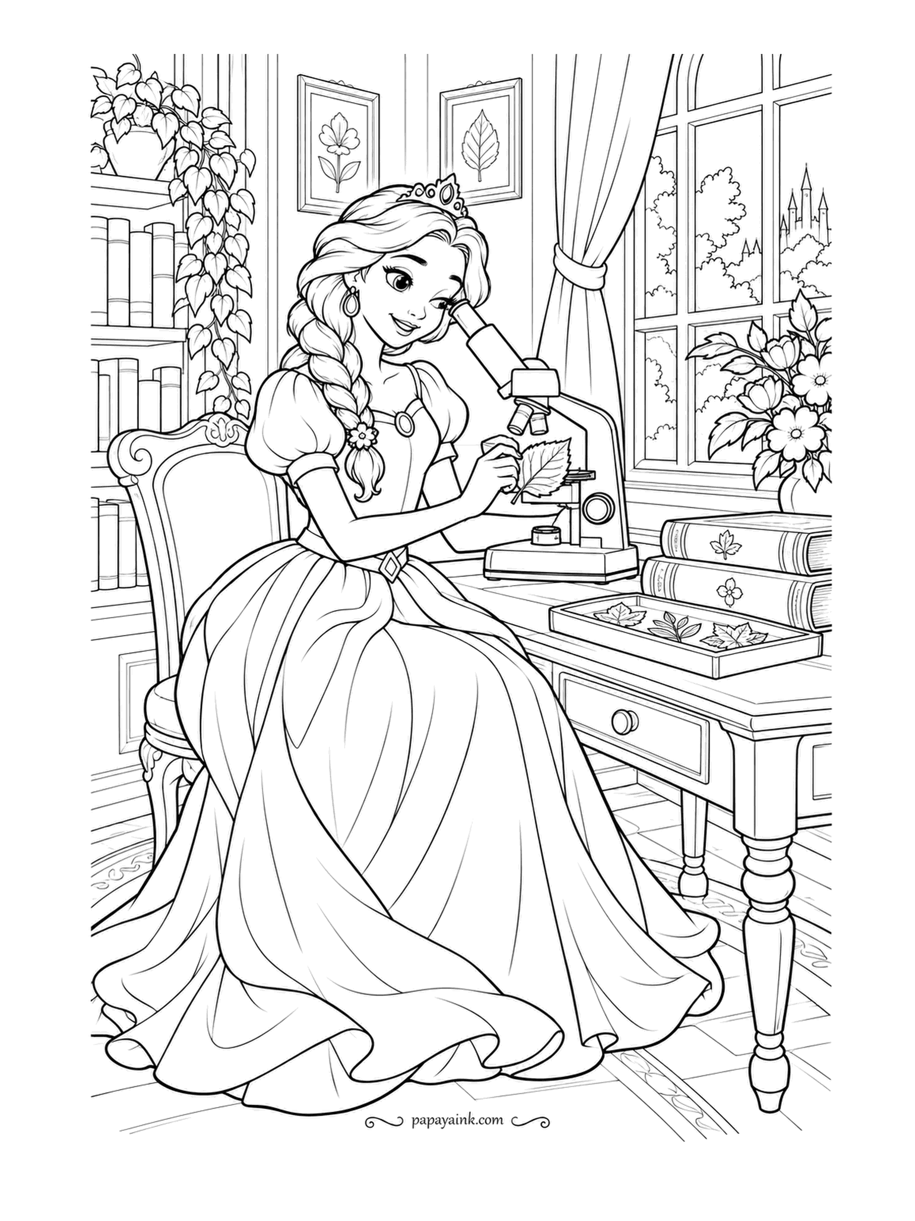 Free Printable Princess Coloring Pages - A leaf under the microscope and a tray of pressed ones waiting their turn. She leans in at her study desk, with botany books, framed leaf prints and ivy over the shelves. Detailed - a page for fine pencils.