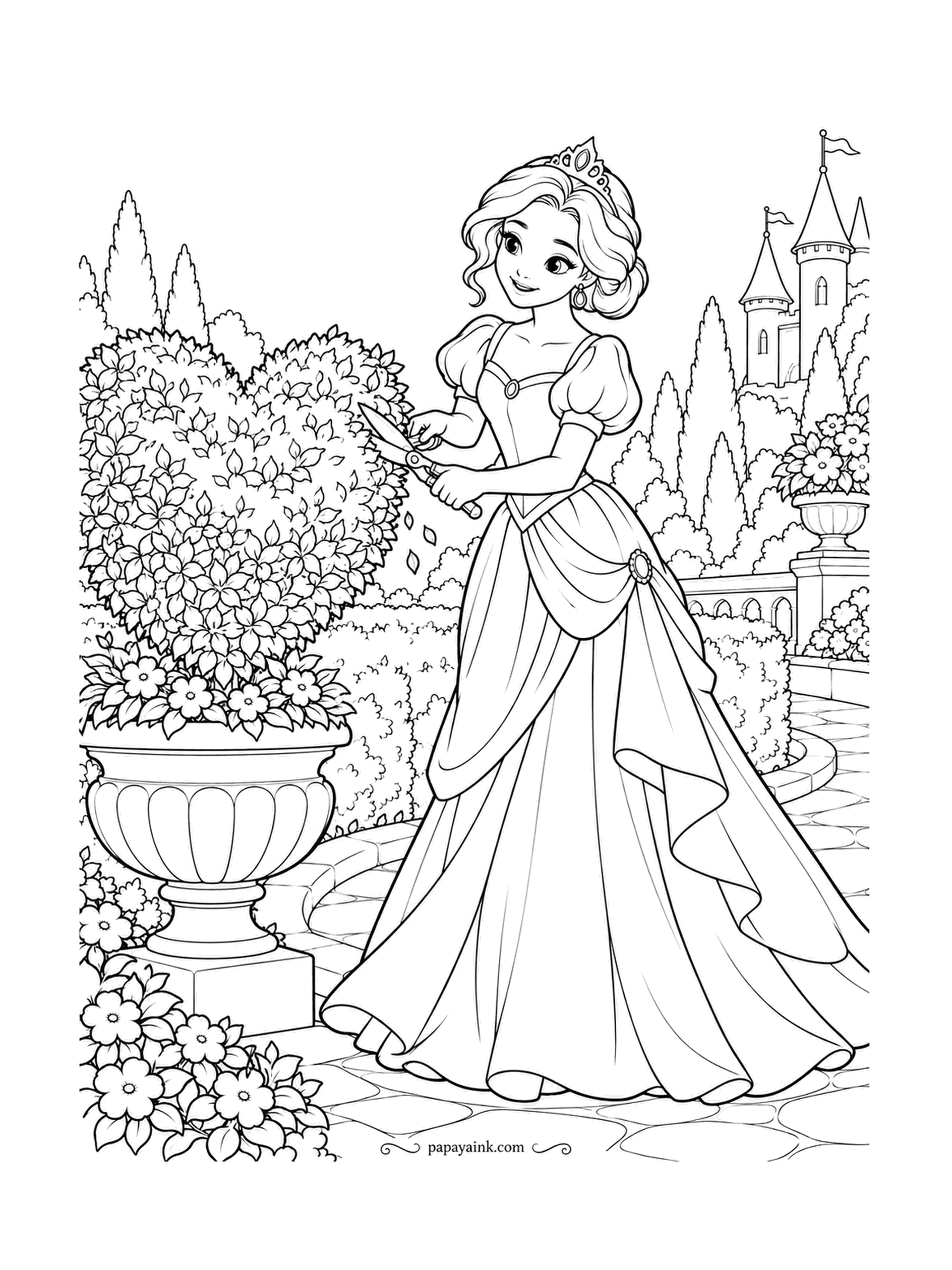 Free Printable Princess Coloring Pages - Snip, step back, snip again - the heart-shaped topiary is almost symmetrical. She trims it in a stone urn on the terrace with turrets beyond the hedges. Many shades of green, or one green and a pale wall behind it.