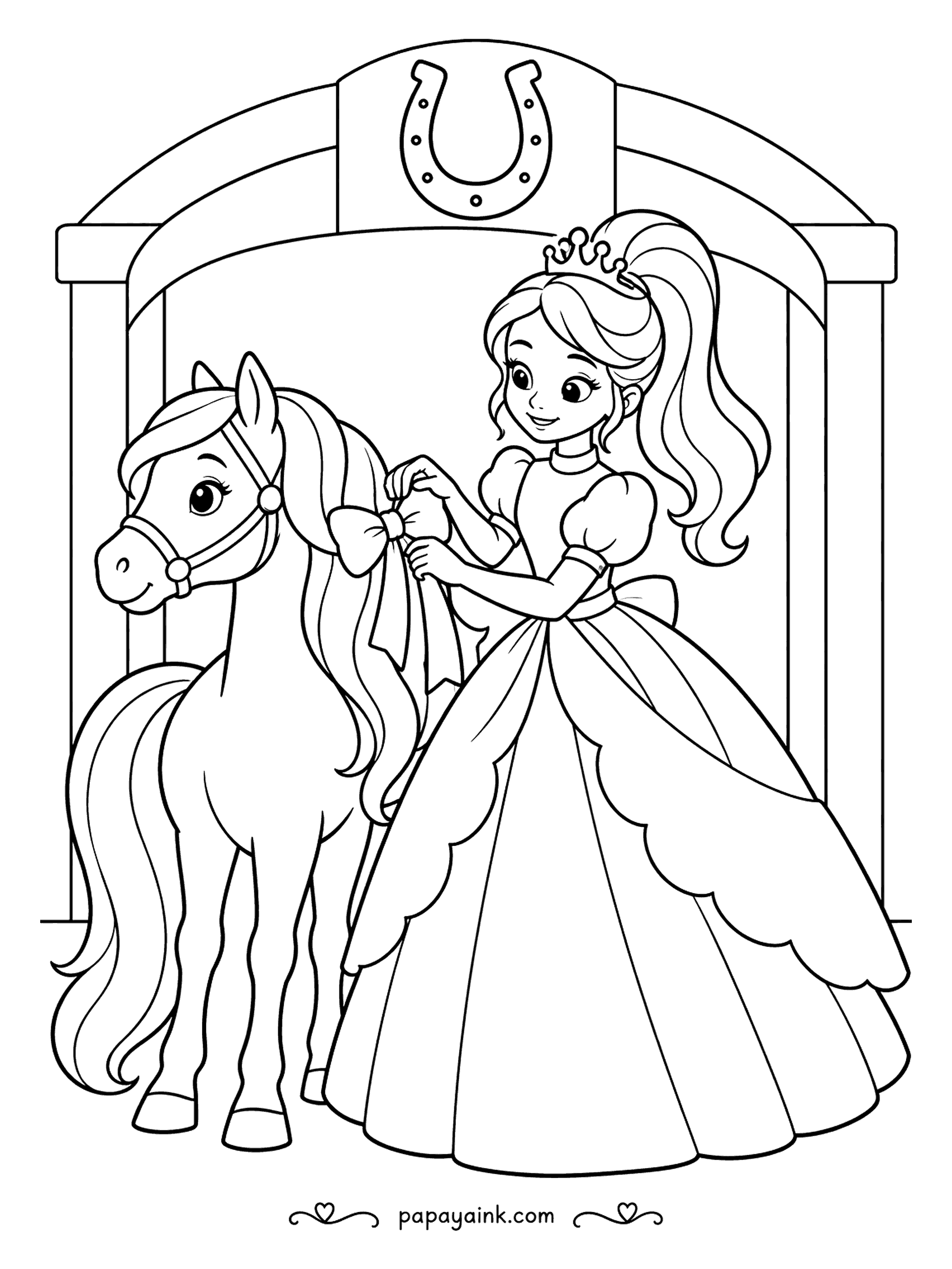Free Printable Princess Coloring Pages - High ponytail on the princess, bow going into the pony's mane, and a lucky horseshoe nailed above the stable arch. The pony holds very still, which is more than most ponies manage. Match the bow to her sash for a finished look.
