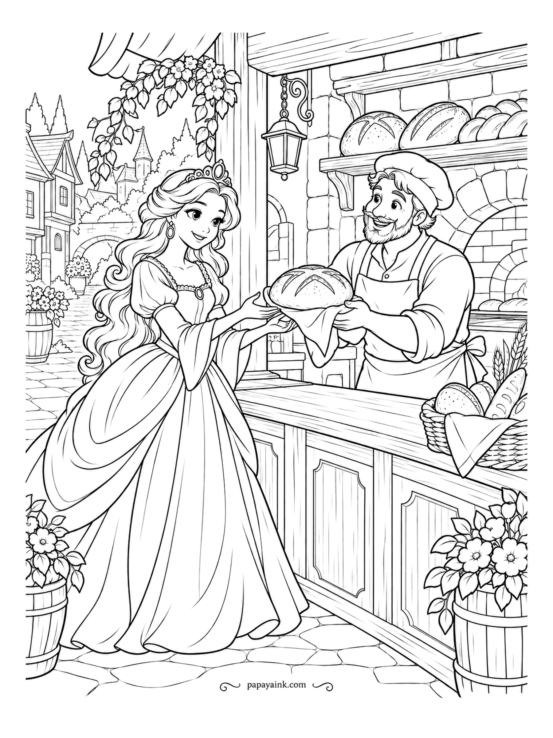 Free Printable Princess Coloring Pages - Fresh bread, straight from the baker's hands to the princess's. The village bakery shelves are stacked with loaves, a lantern hangs over the counter and a basket of baguettes waits below. Give every loaf a golden crust - that is most of the fun.