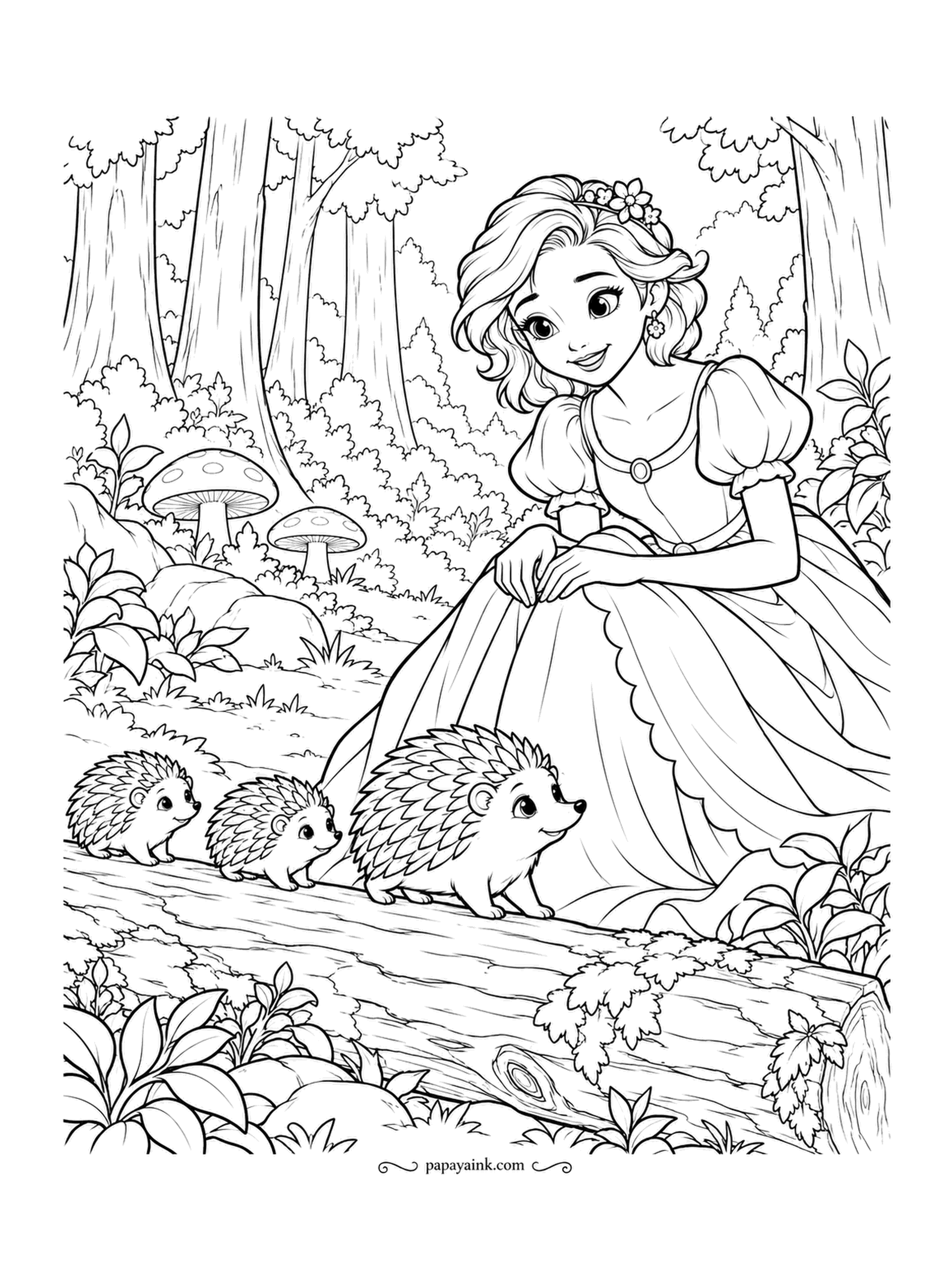 Free Printable Princess Coloring Pages - Three hedgehogs on a log, and the princess has knelt down to be introduced. The forest around them has mushrooms, ferns and tall tree trunks. Keep the hedgehogs brown and prickly and let the dress be the bright spot.