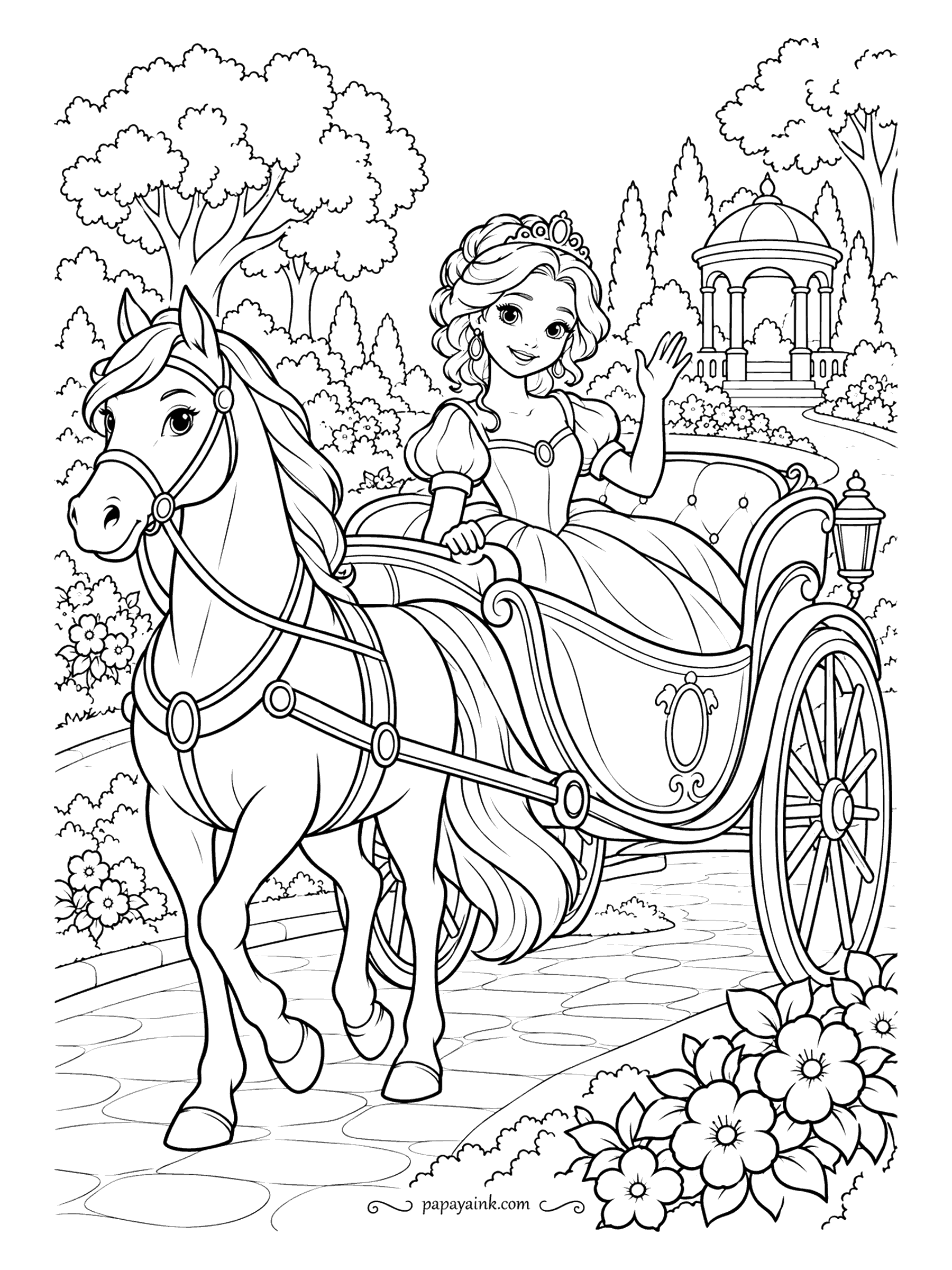 Free Printable Princess Coloring Pages - An open carriage, a horse with a mane to match the passenger's hair, and a lamp on the corner post for the ride home after dark. Gazebo and park trees fill the back. Spokes and harness are the fiddly part; the dress is not.