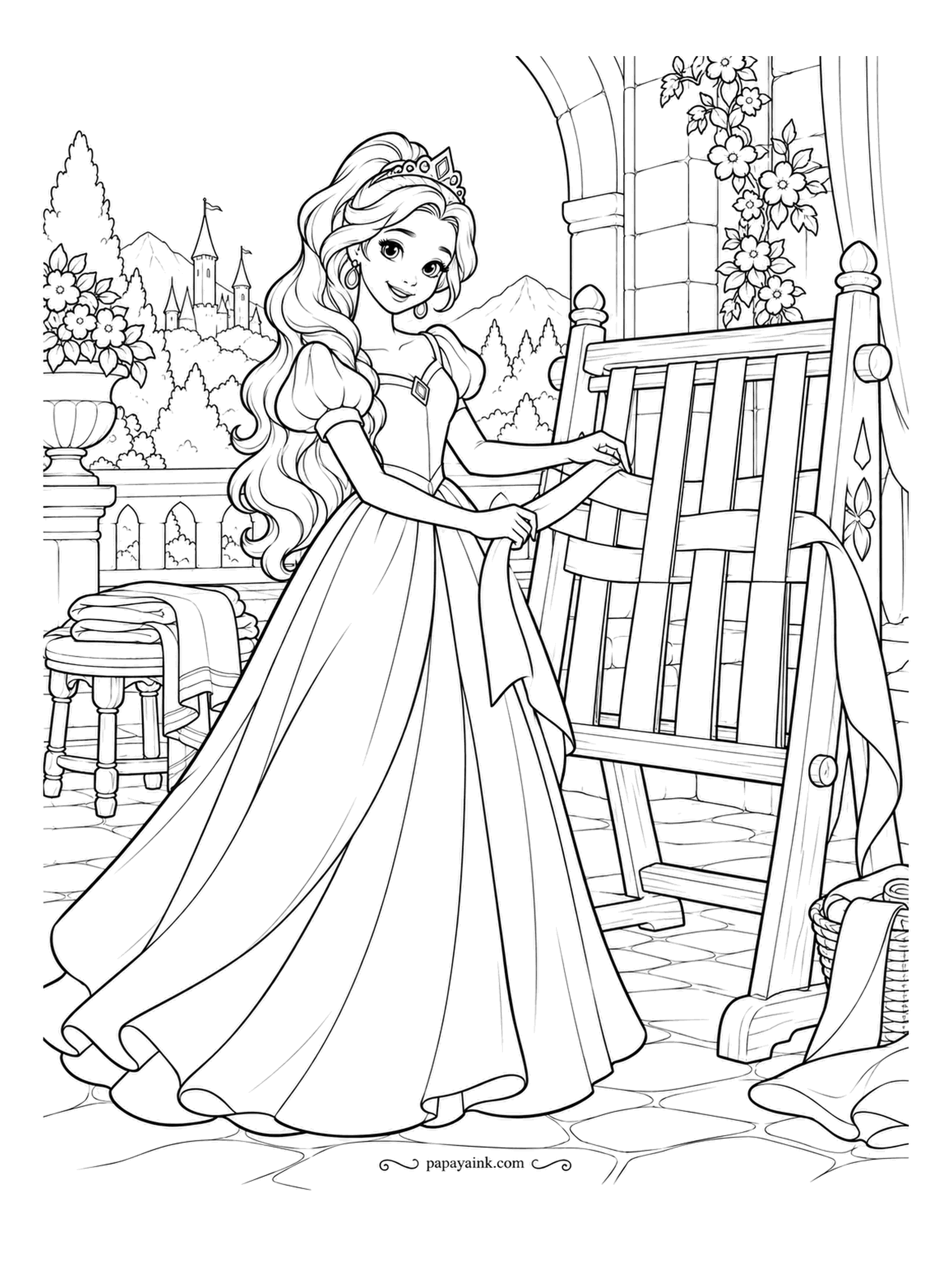 Free Printable Princess Coloring Pages - A loom taller than she is, with the cloth half woven and a basket of yarn at her feet. She passes the shuttle through on a terrace with flowers climbing the arch. Try stripes in the woven part - the warp lines are already there.