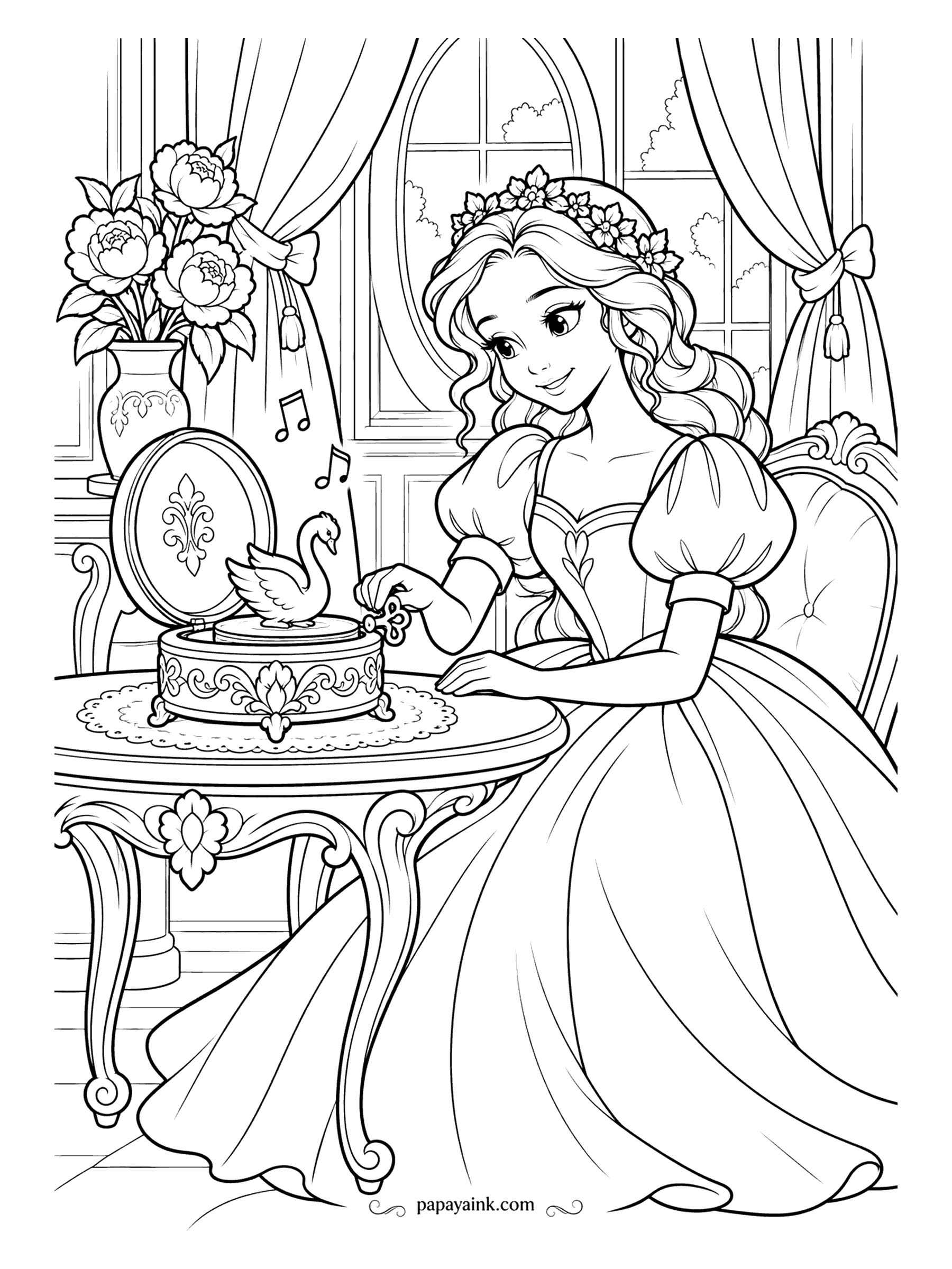 Free Printable Princess Coloring Pages - The key turns and a swan rises from the music box, notes drifting up toward the peonies on the stand. Curtains and an oval window frame the room. Gold for the box and the key, the swan left white.