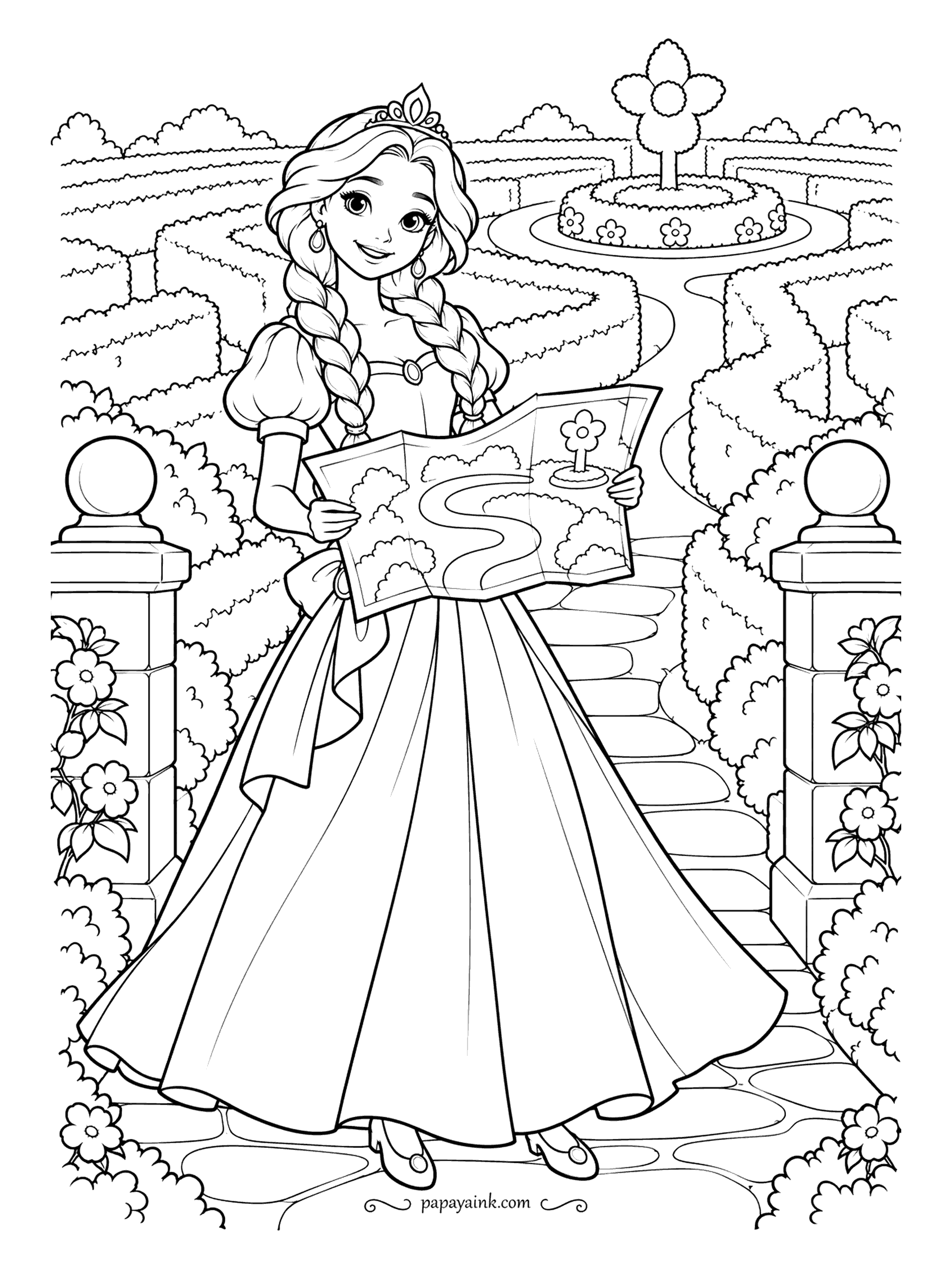 Free Printable Princess Coloring Pages - A map in hand and a hedge maze behind her, with the fountain at the center already marked. The hedges are long and repeating, so they go fast with a wide marker. The map is the one place to add tiny detail.