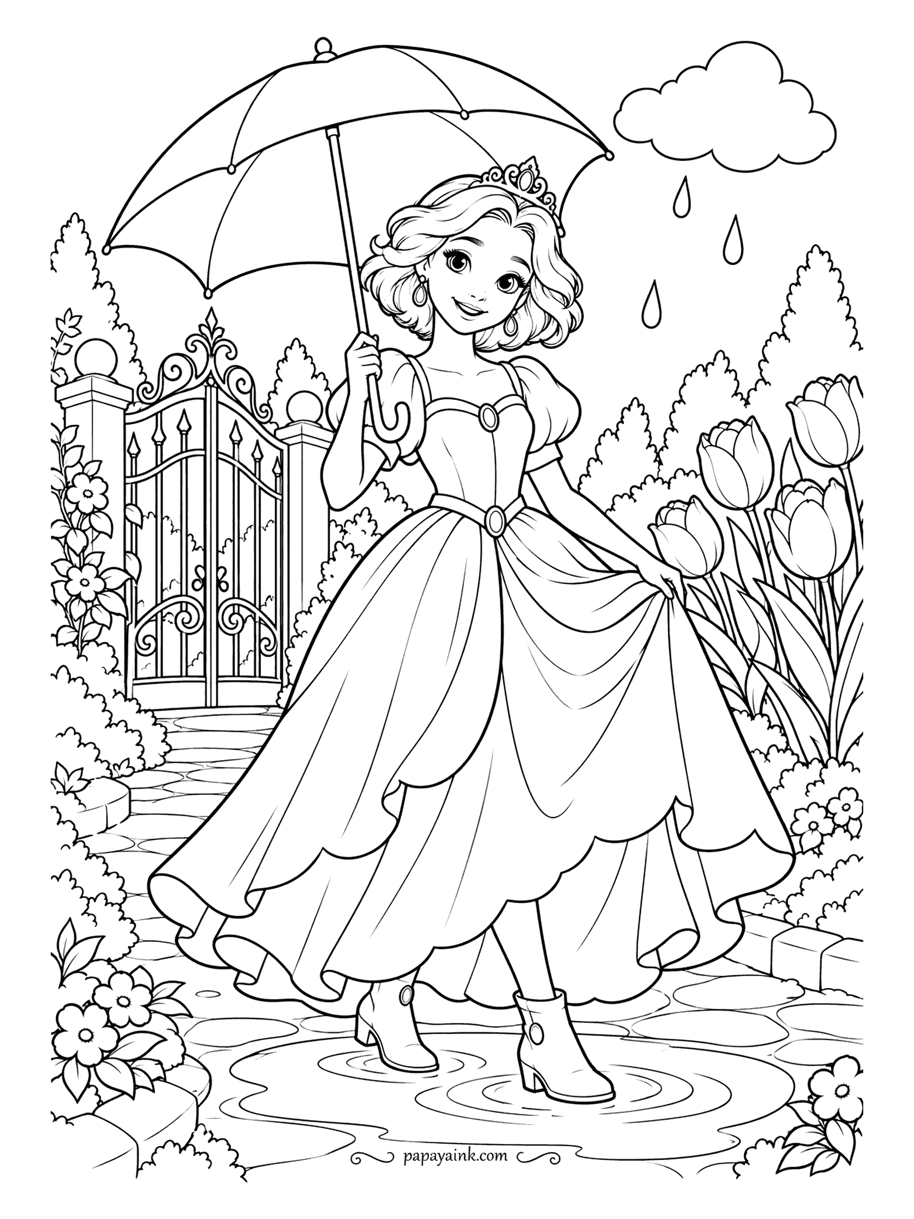 Free Printable Princess Coloring Pages - Umbrella up, boots on, and a puddle she has clearly walked through on purpose. Tulips line the iron gate and a few drops fall from the cloud. A gray sky makes the umbrella and the tulips pop.