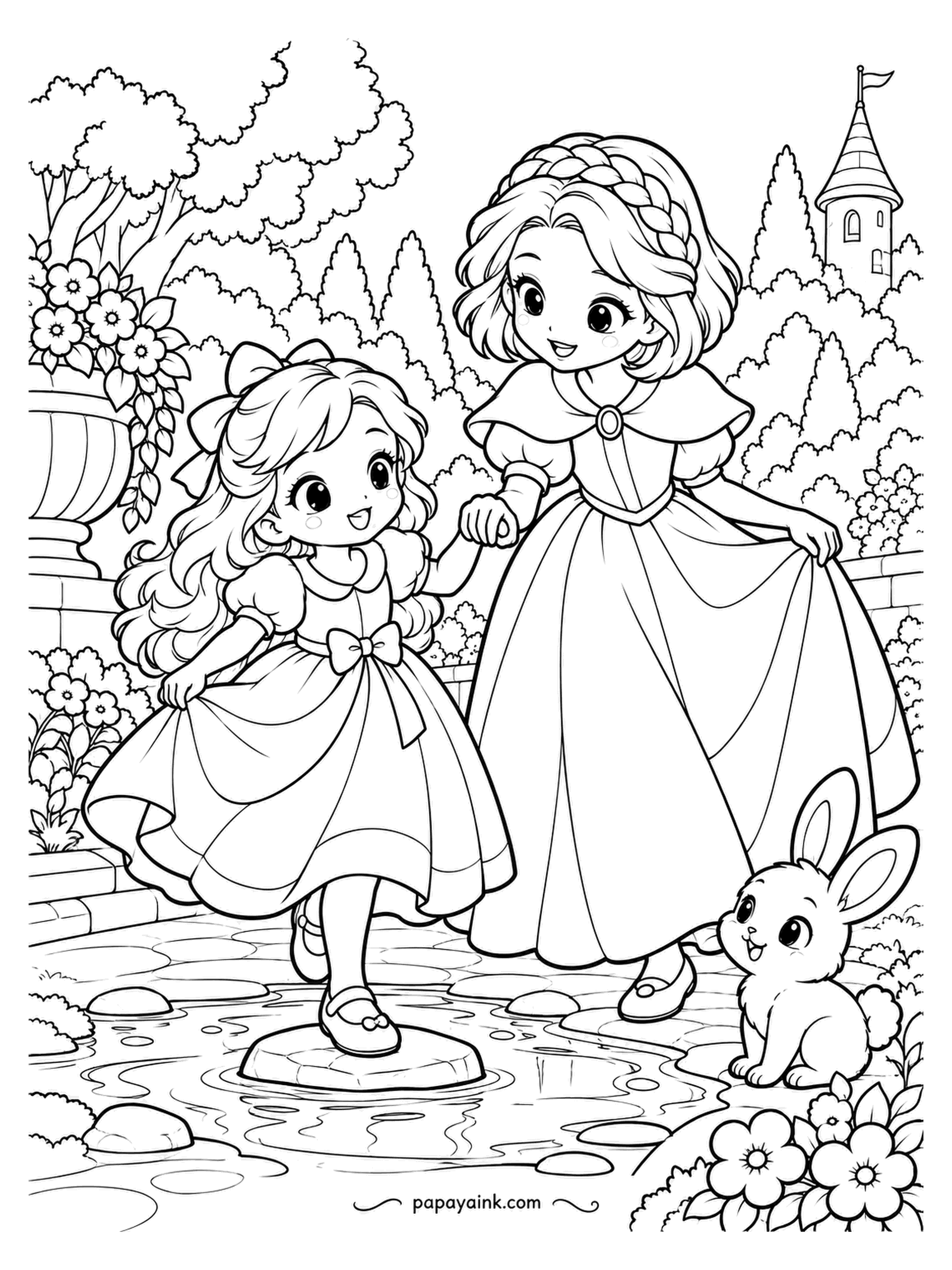 Kawaii Princess Coloring Pages - One stone in the middle of the puddle, and it is a long step for short legs. The older princess offers a hand, the small one commits, and the rabbit on the bank crossed without help. Puddle in pale blue with the stone left gray.