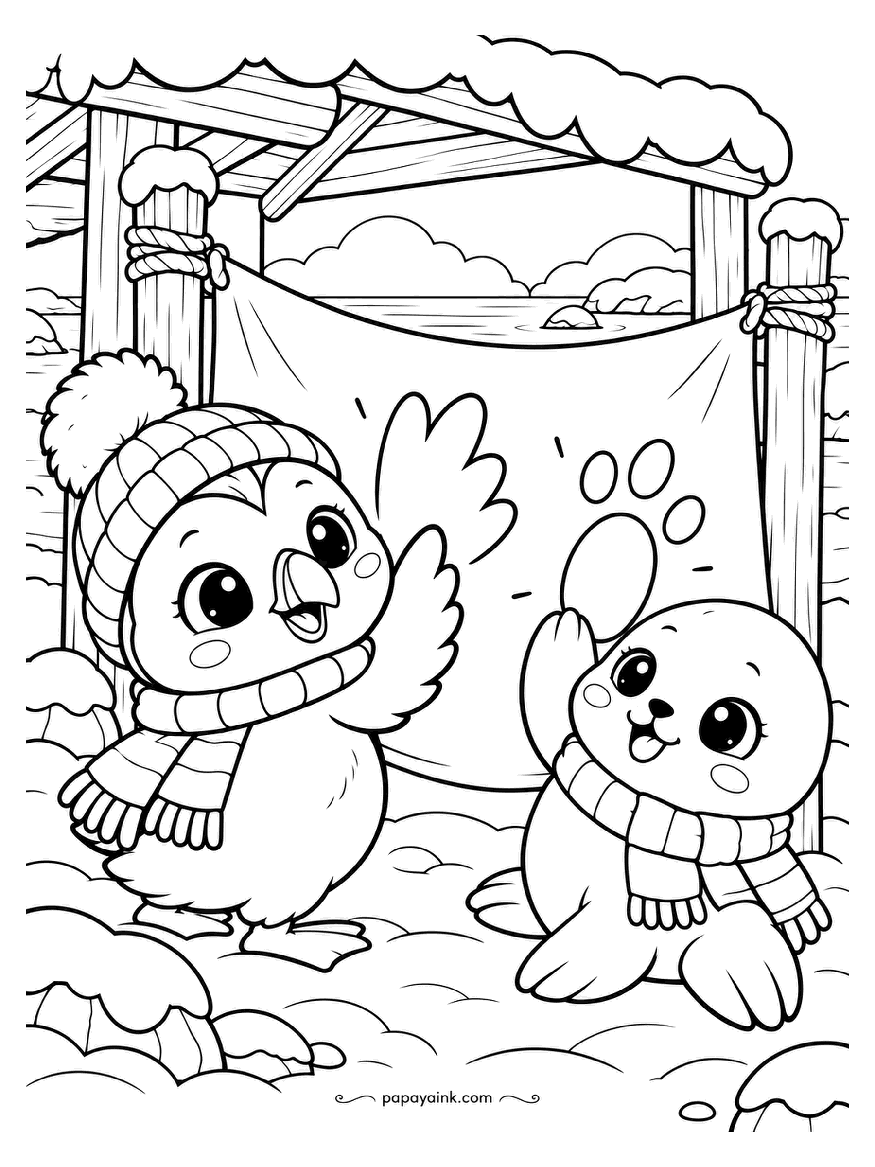 Kawaii Winter Coloring Pages - Flipper prints on a snow banner: the seal pup presses, the puffin in the knit hat judges each mark. The banner hangs between two posts under a snowy roof. Paint the prints in one bold color so they jump off the cloth.