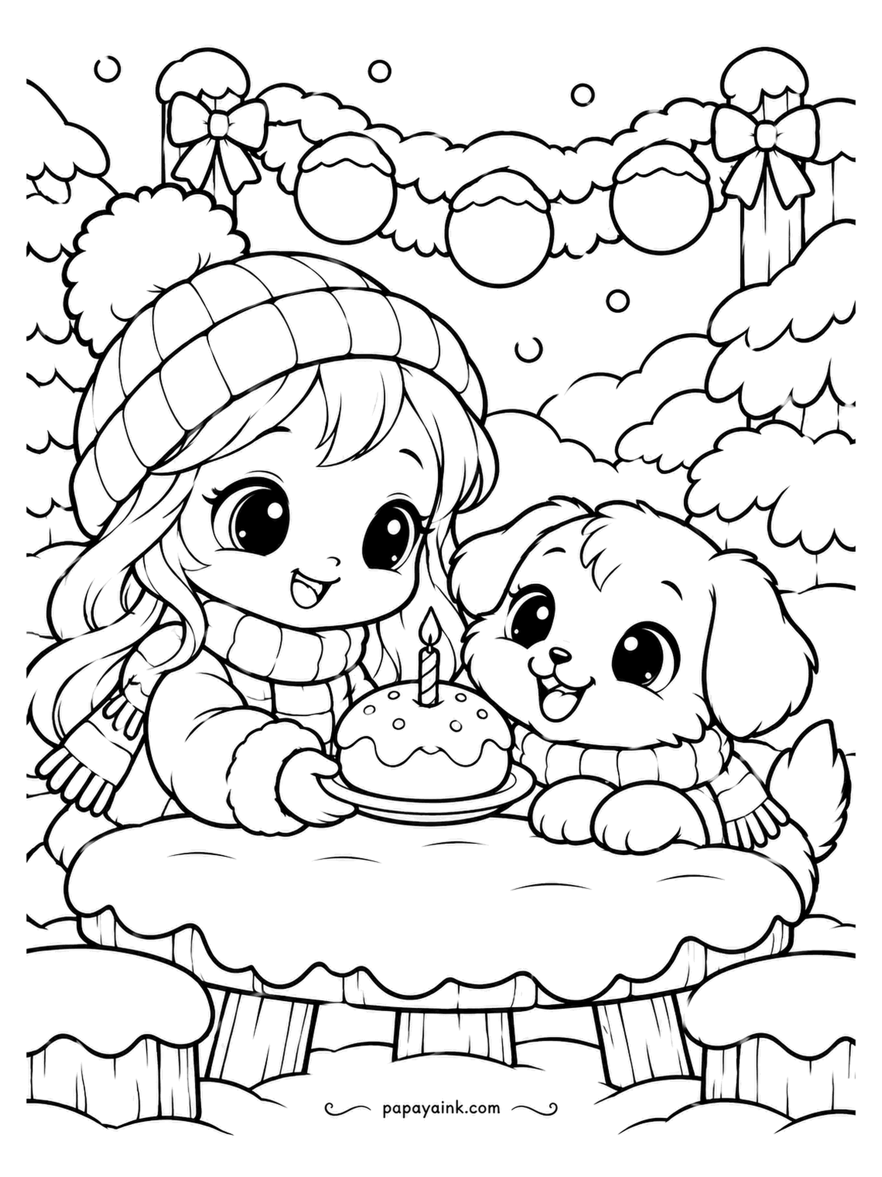 Kawaii Winter Coloring Pages - One candle on a snow bun, and a puppy whose birthday this apparently is. The girl brings the plate; the garland of baubles overhead was hung in a hurry. Pastel baubles, and a warm yellow on the single flame. Detailed.