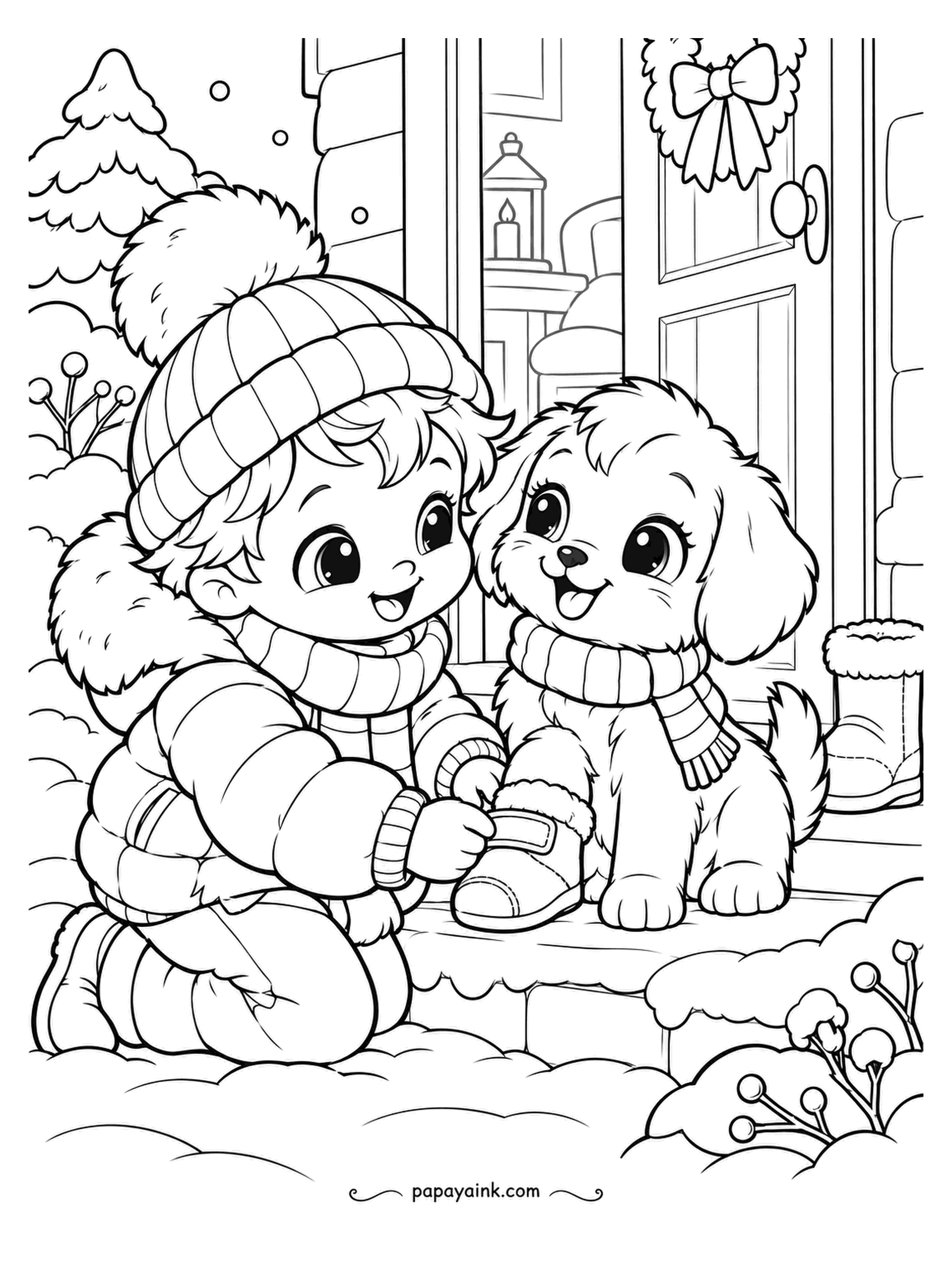 Cute Winter Coloring Pages - Boots for the puppy. The boy on the porch step holds one up while the puppy in a striped scarf lifts a paw, not convinced. Wreath on the door, lamp on the wall. Brown boots, a red scarf, and the dog in gold.