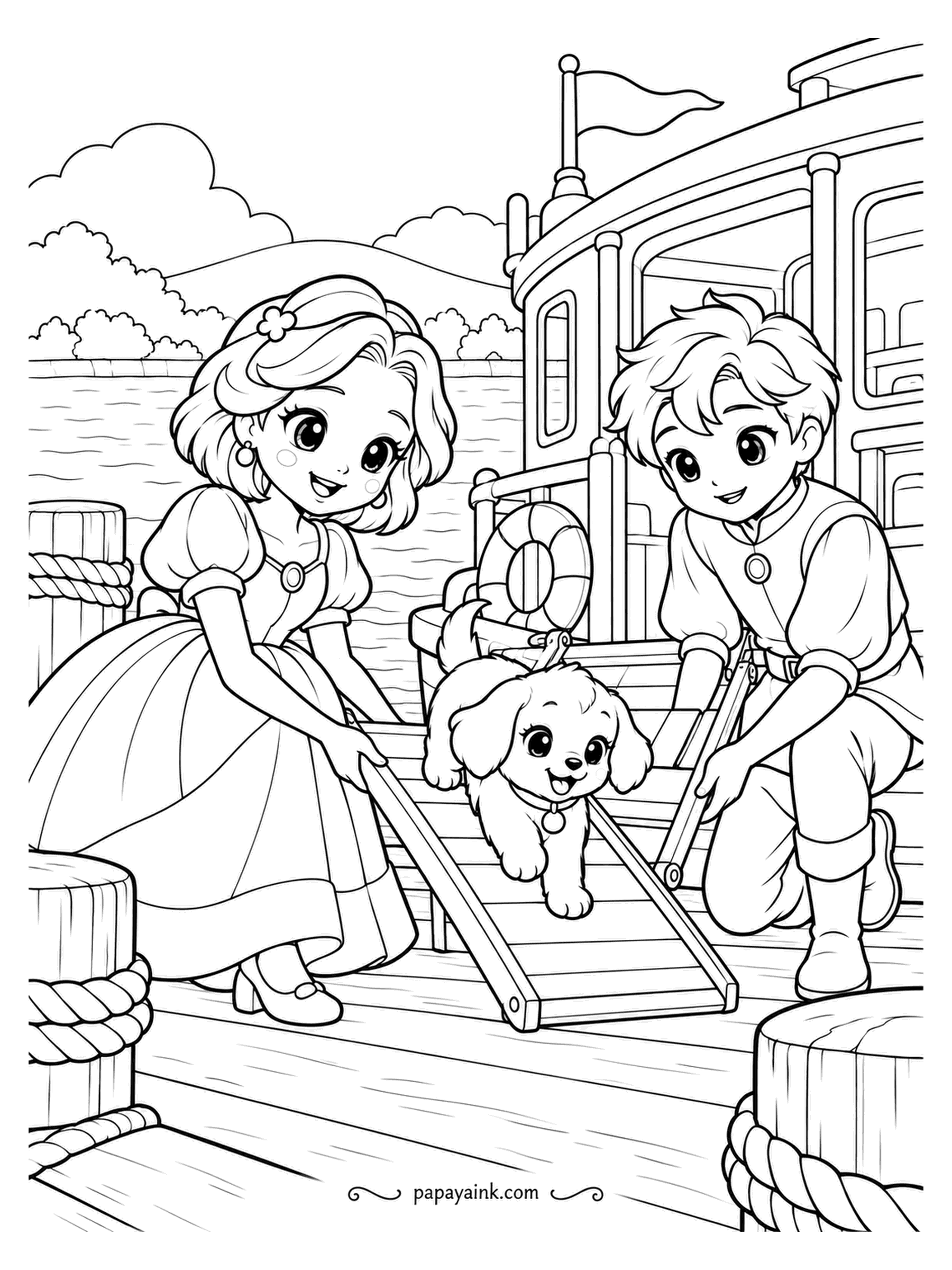 Kawaii Princess Coloring Pages - All ashore. The puppy trots down the gangplank with its tail going, the princess holds the plank end steady, and the prince kneels by the ferry to see it off. A life ring and a pennant on the boat; both deserve a strong color.