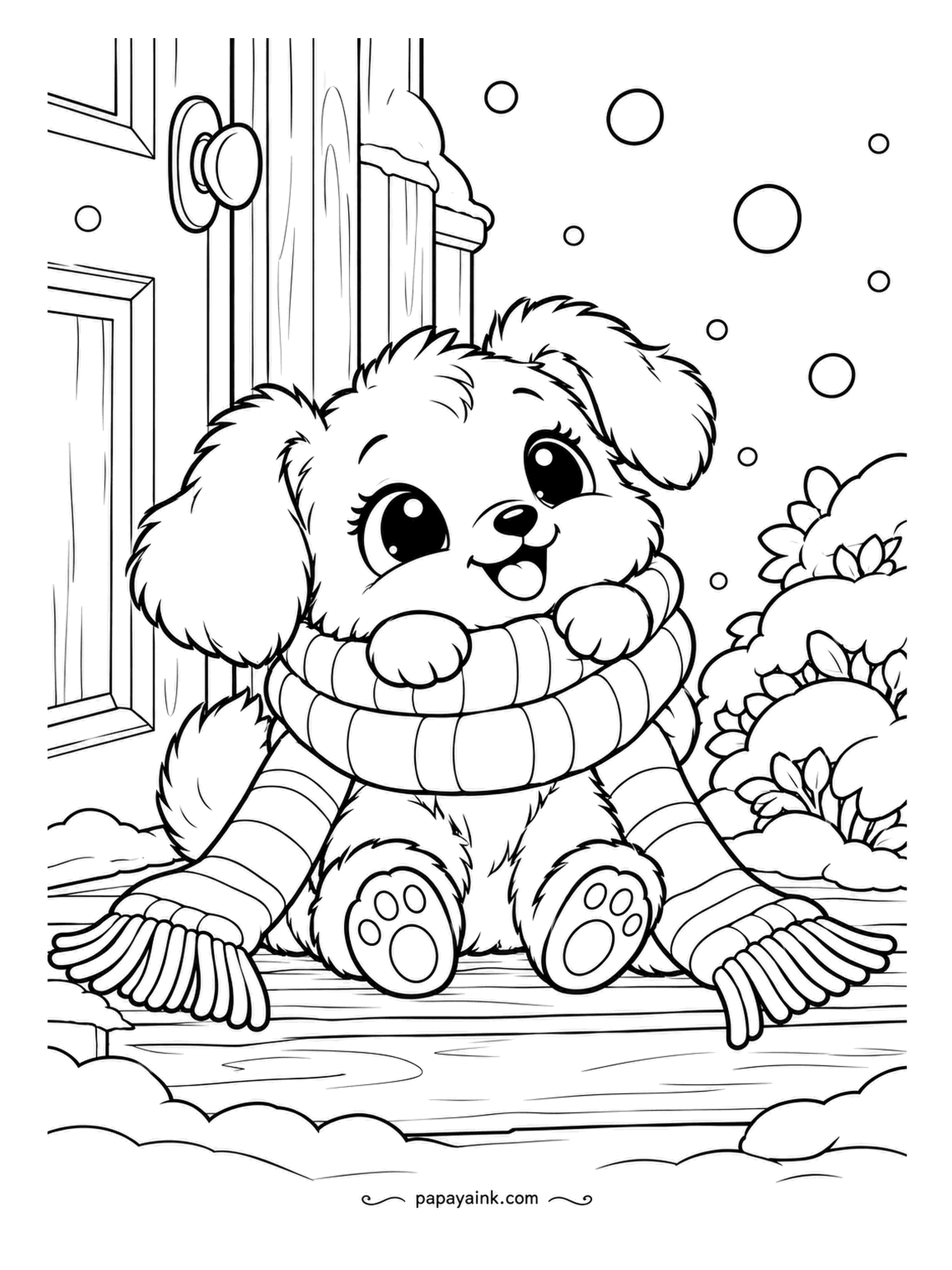 Cute Winter Coloring Pages - Doorstep, first snowfall. The puppy sits with a scarf wound three times around his neck, watching the flakes come down and not sure about them yet. Door ajar at his back. Golden fur, a striped scarf, flakes left white.