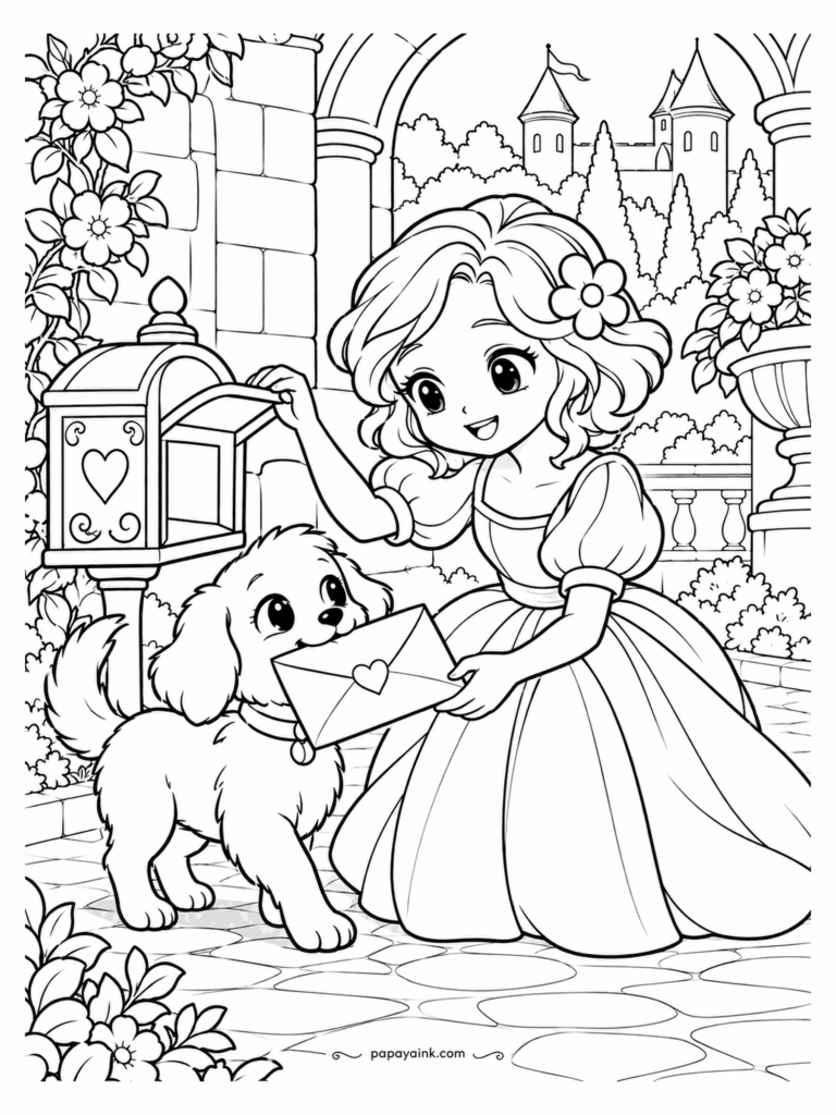 Kawaii Princess Coloring Pages - Royal mail runs on four legs here. The puppy has carried the letter from the gate, heart seal unbroken, and the princess lifts the postbox lid to see whether anything else came. Mostly open shapes, so a good first page.