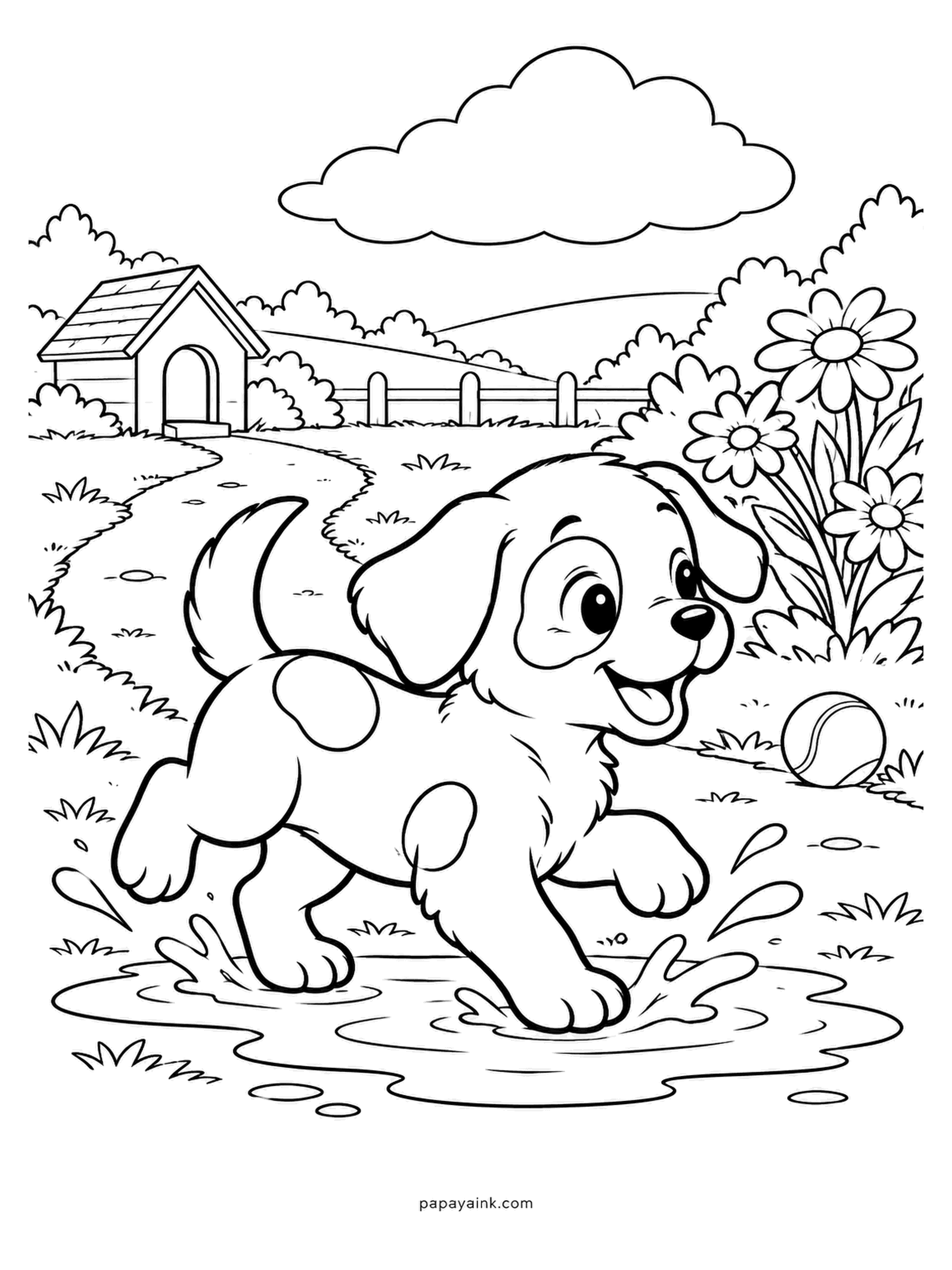 Baby Animal Coloring Pages - One puppy, one puddle, one tennis ball, no supervision. The spotted pup charges through the water with its doghouse at the far end of the path. Simple outlines and a lot of empty space - a good page for younger hands or a fast evening.