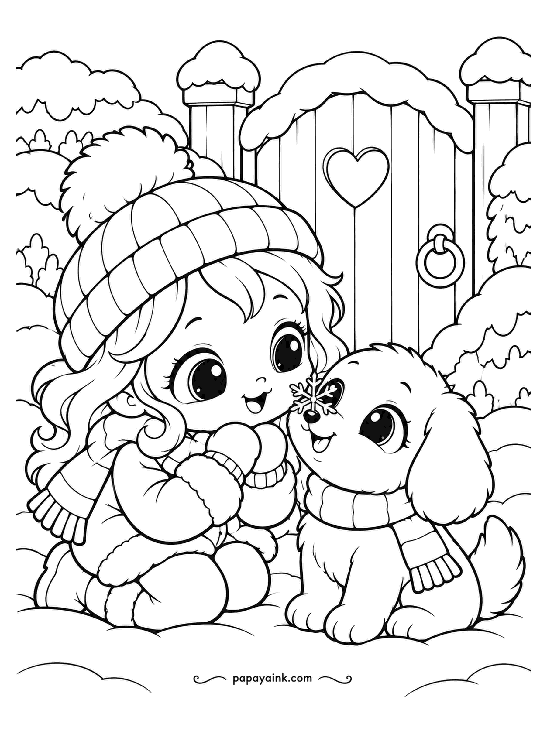 Kawaii Winter Coloring Pages - Snowflake, right on the nose. The puppy goes cross-eyed trying to see it while the girl holds her breath so it stays. There is a heart cut into the gate behind them; red is the obvious choice and still the right one.