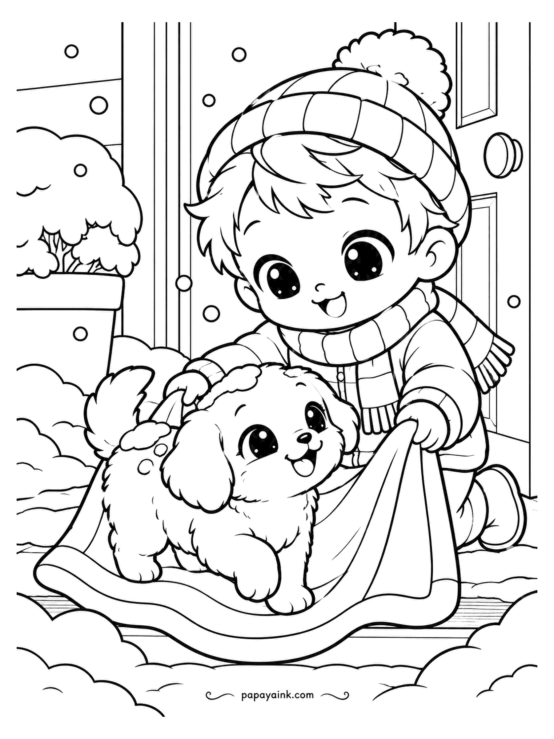 Kawaii Winter Coloring Pages - Back from the snow and straight into the towel. The boy dries the puppy at the doorway; the puppy dries nothing and enjoys everything. A striped towel in two colors is enough, with the puppy left cream. Detailed.