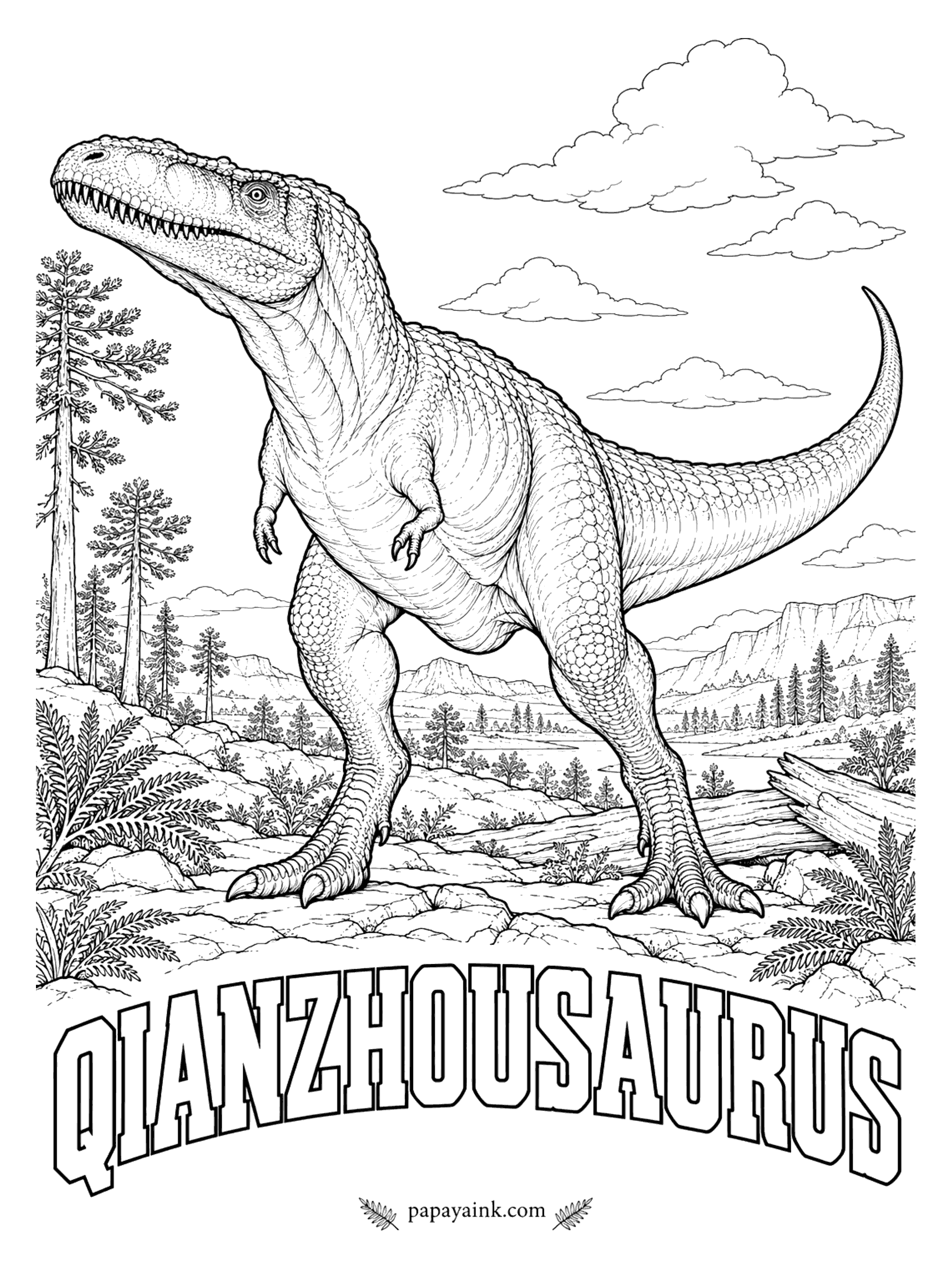 Free Printable Dinosaur Coloring Pages - Pinocchio rex is the nickname, for the long, slim snout. Qianzhousaurus (chyen-JOE-SORE-us, Qianzhou lizard, after the old name of the Chinese city where builders dug it up) was a tyrannosaur lighter than T. rex and alive at the same time on the other side of the Pacific. The one known skeleton, not fully grown, is about 20 feet long. China, about 66 million years ago.