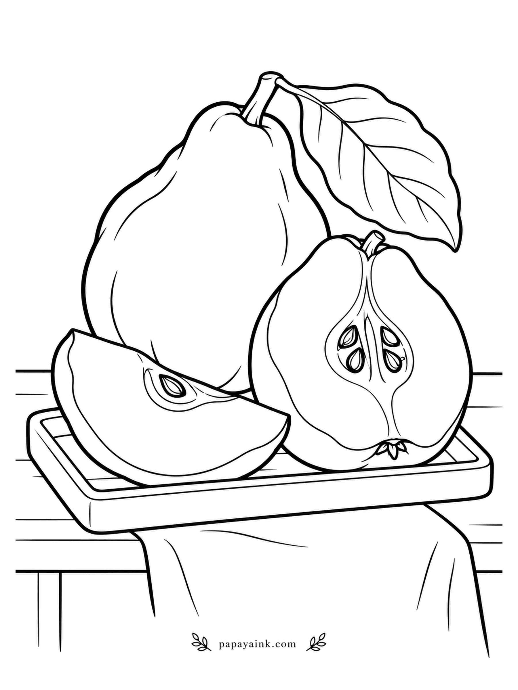 Fruit Coloring Pages - A raw quince is rock hard and sour, but it turns pink and soft when cooked - the fruit that rewards patience. Whole fruit with a leaf, a half with seeds, a wedge on a tray over linen. Golden yellow skin with a faint fuzz.