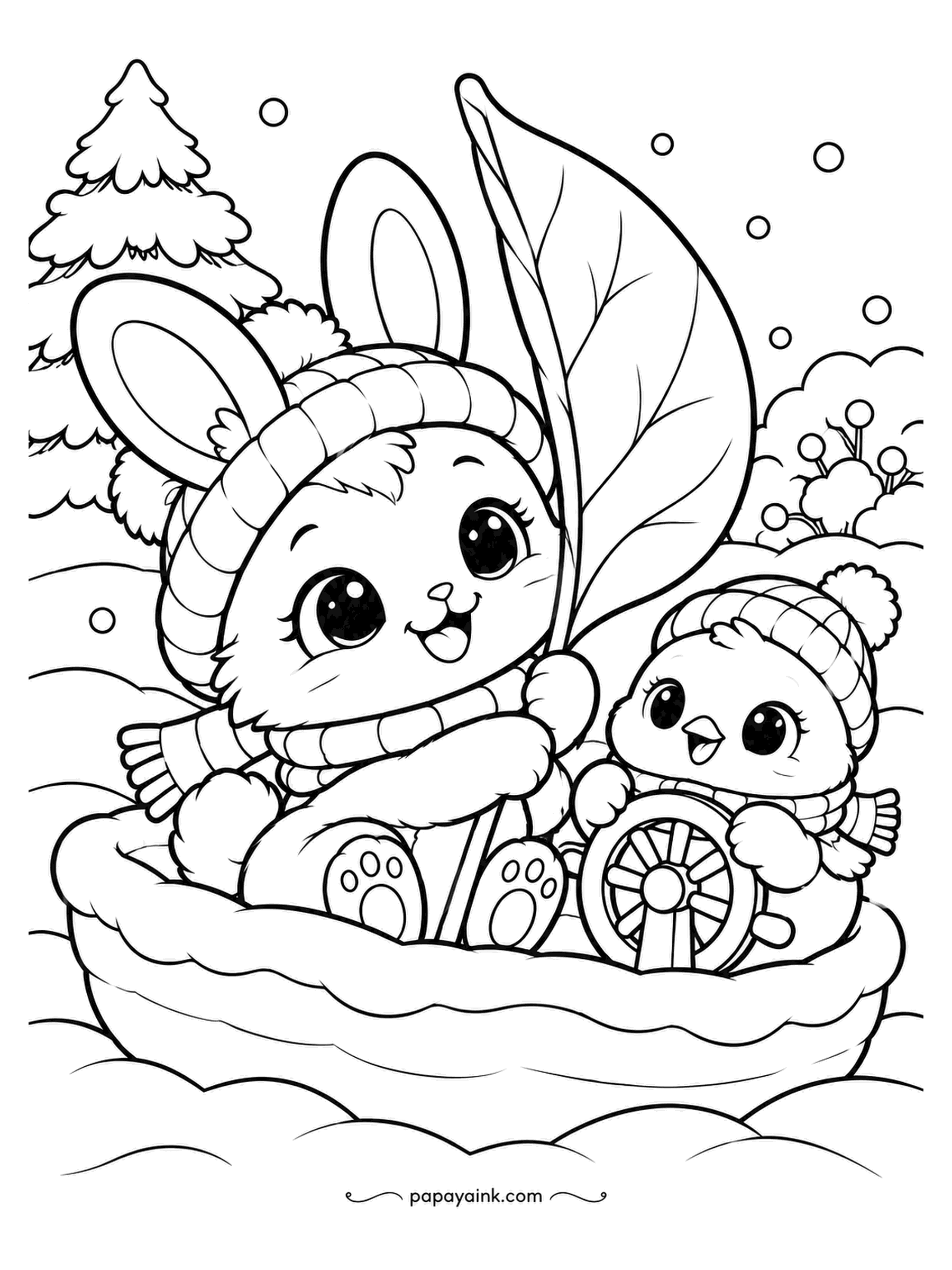 Kawaii Winter Coloring Pages - Snow boat, leaf sail: a bunny holds the mast and a chick at the wheel has clearly never steered anything. Bright green on the leaf, and a small wave of blue along the hull.