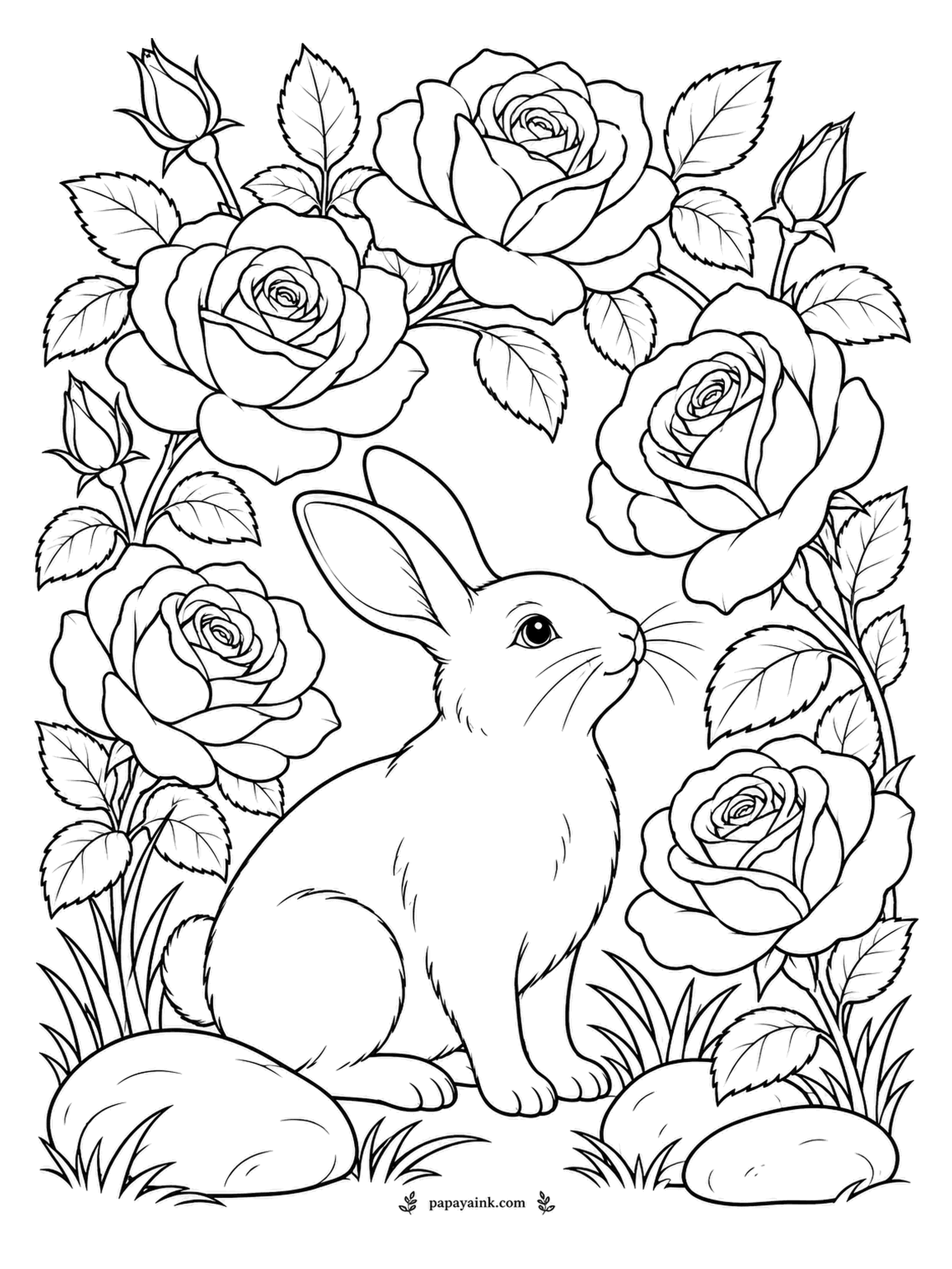 Rose Coloring Pages - Rabbits do eat roses, so this polite sniff may not be entirely innocent. The bunny sits between two smooth stones under a canopy of open blooms and buds. Big soft shapes - an easy page to start with.