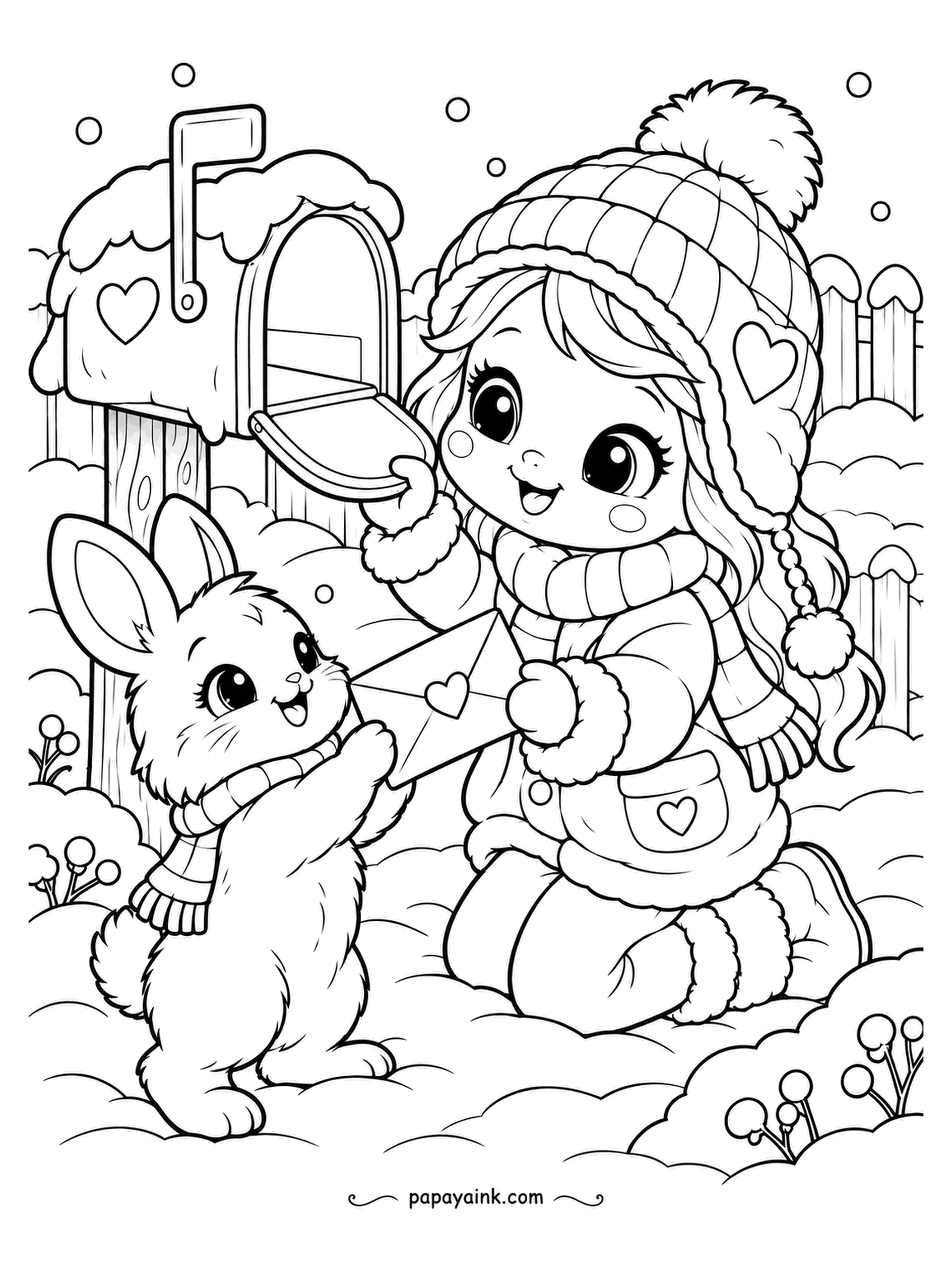 Cute Winter Coloring Pages - Mail day: a girl in a woolly hat pulls a heart-sealed envelope from the mailbox, and the bunny in a scarf reaches up to take it. Snow on the mailbox roof, fence beyond. Red hearts, blue mittens.