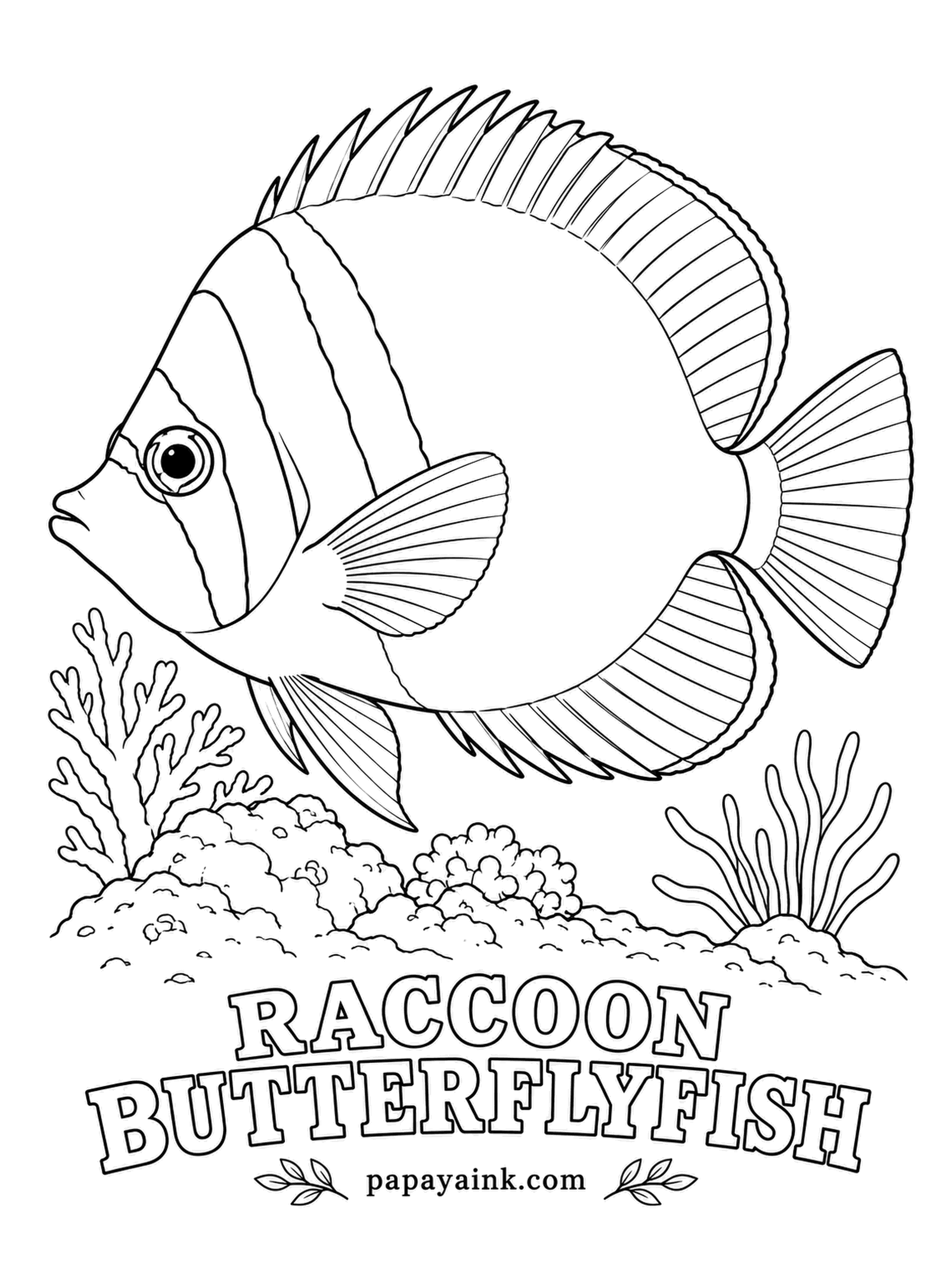 Ocean Fish Coloring Pages - Unlike most butterflyfish, this one does much of its feeding at night. The black mask across the eye, with a white band behind it, is the raccoon part; the rest is golden yellow with thin dark diagonal lines.