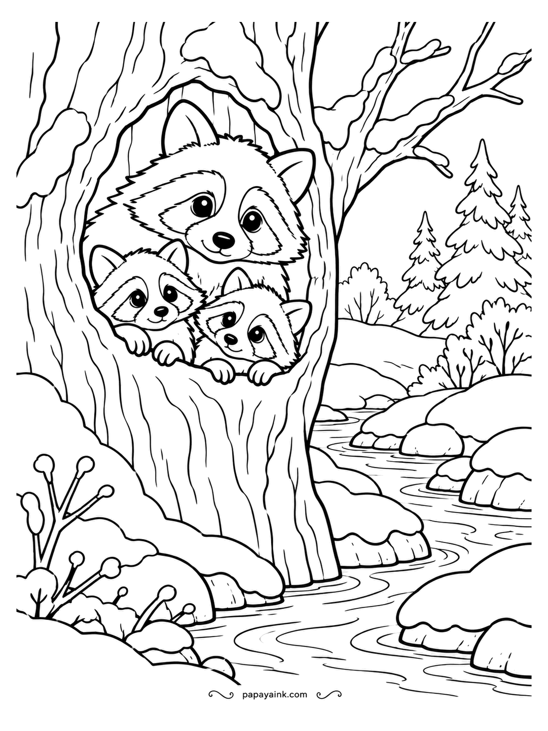 December Coloring Pages - Three raccoon faces stacked in a tree hollow above a frosty creek, masks on, waiting for the snow to stop. The black mask and ringed tail are the whole costume. Gray-brown fur with a hint of warm tan around the edges.