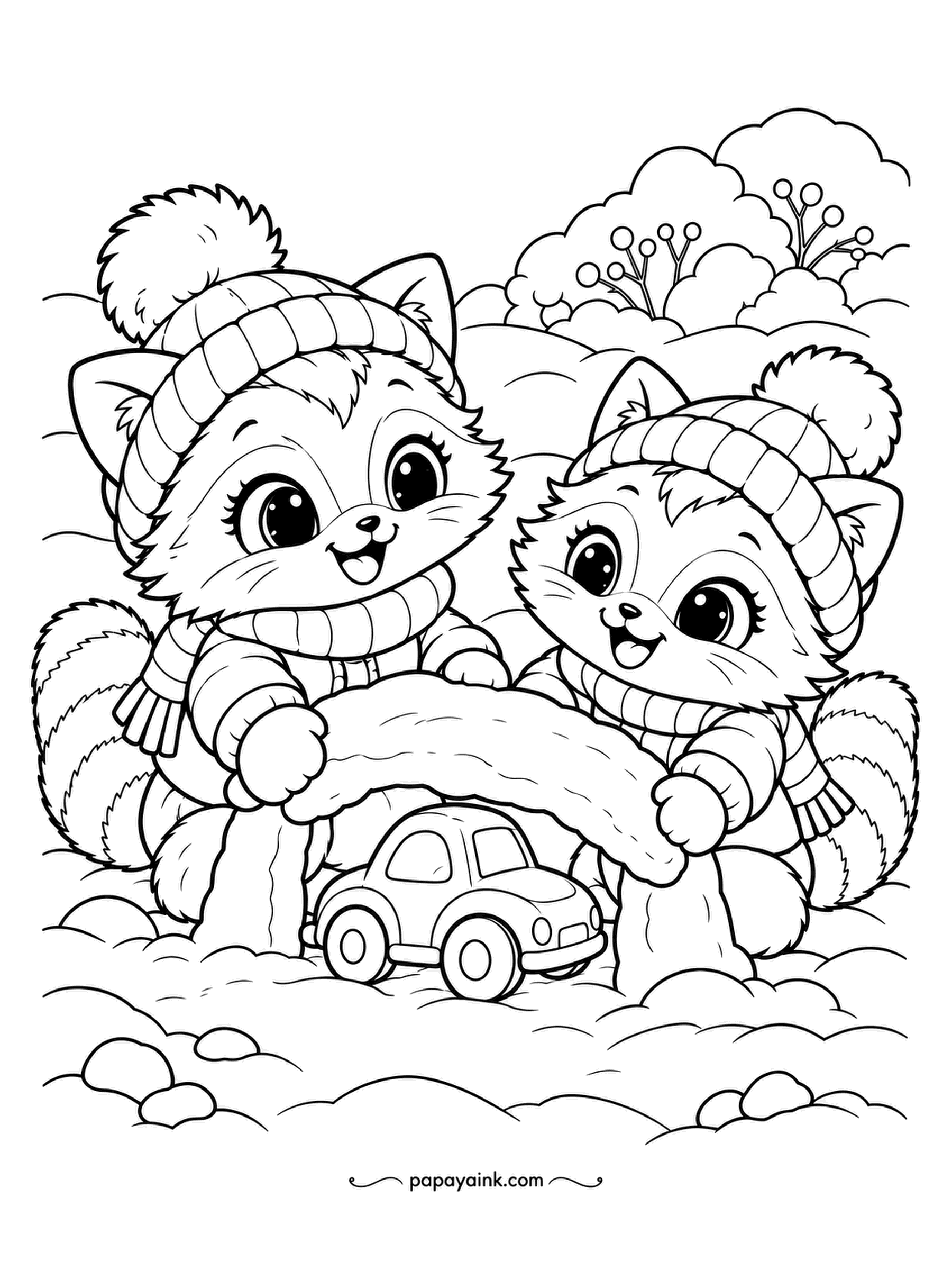 Cute Winter Coloring Pages - Garage made of snow: two raccoon kits in hats hold a slab of packed snow over a toy car to keep it dry. Bushes with berries around. Gray fur, black masks, and a bright little car.