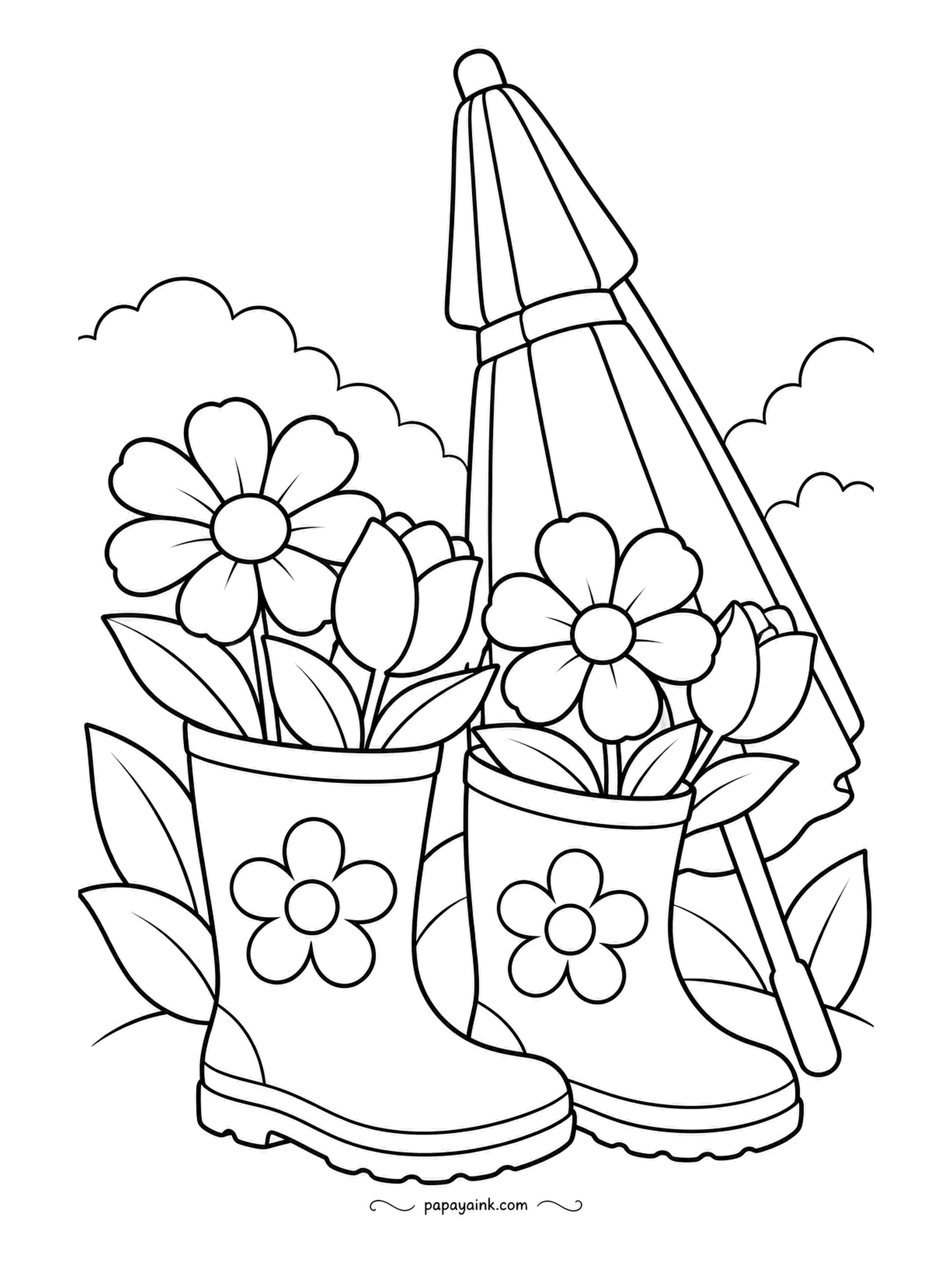 Garden Coloring Pages - Rubber boots with flowers on their sides, now planted with flowers inside too, stand beside a folded umbrella. Boots like these come in every color; pick one that fights with the blooms a little - yellow boots, purple flowers, say - and it will pop.
