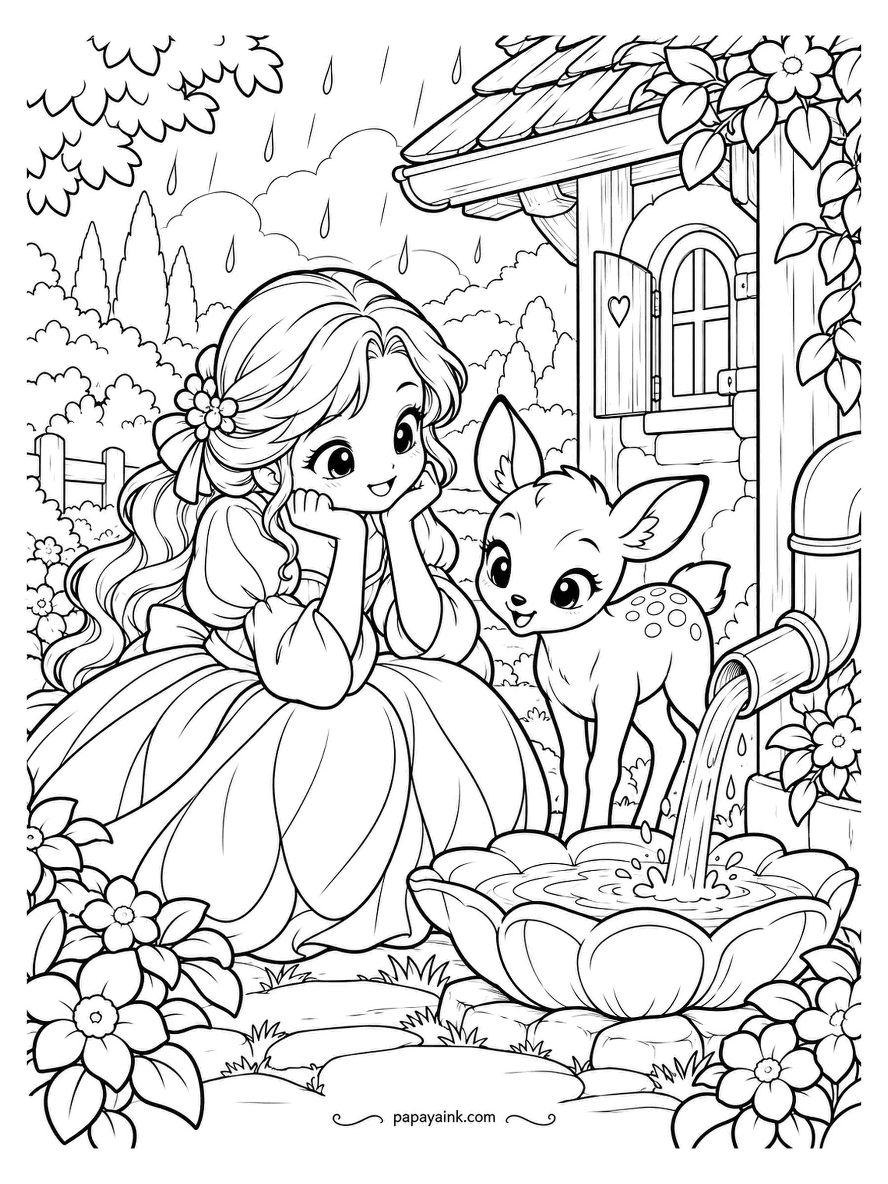 Kawaii Princess Coloring Pages - Rain is pouring from the gutter into a basin shaped like a flower, and the fawn has come to drink. The princess sits with her chin in her hands and watches the water. Raindrops are drawn - color around them, never over.