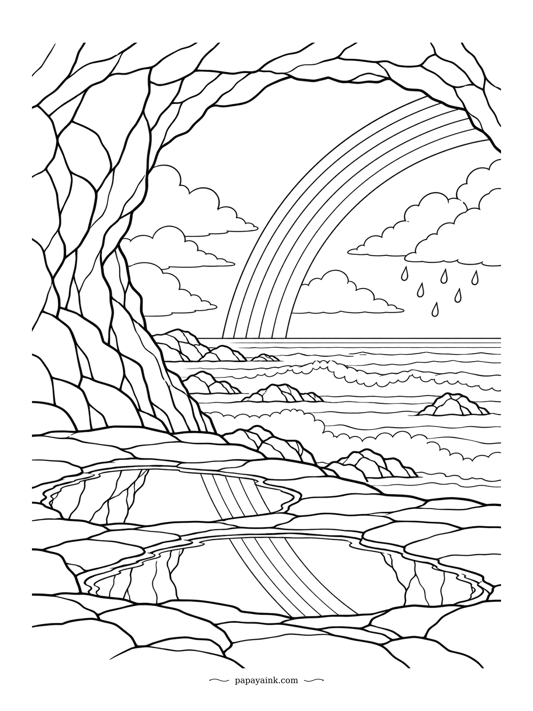 Rainbow Coloring Pages - Looking out from inside a sea cave, the storm has moved off and left a rainbow standing on the swell. The tide pools on the rock floor catch a second copy of it. Try a dark slate wall so the opening glows.