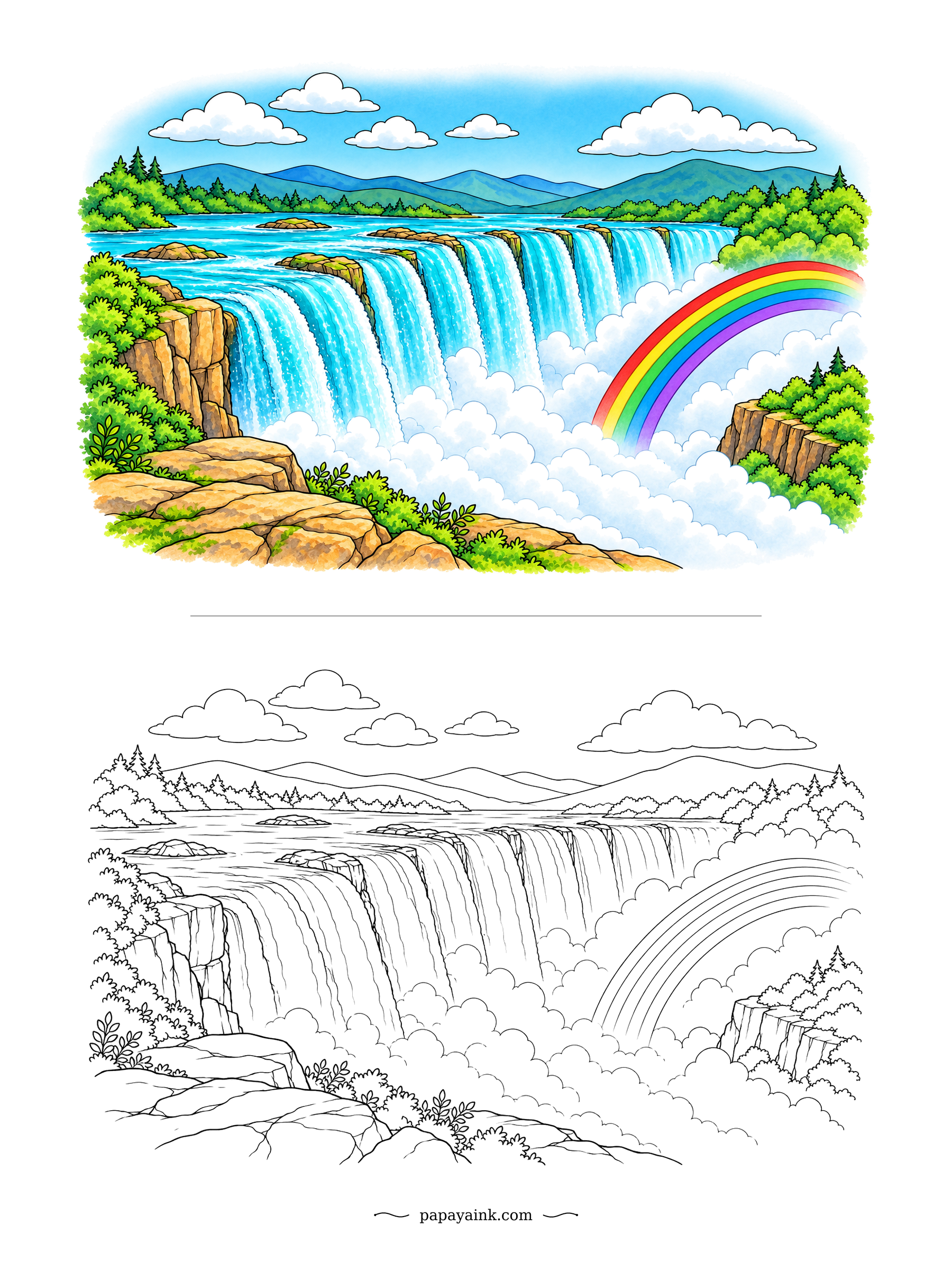 Rainbow Coloring Pages - A whole river goes over the edge at once here, a curtain of falls stretching from cliff to cliff, and the mist it throws off is thick enough to hold a rainbow all afternoon. Match the turquoise from the sample above.